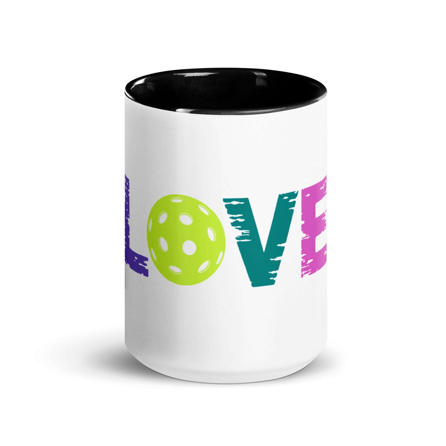 LOVE Pickleball Mug featuring colorful text and a green pickleball design, ideal for pickleball fans.