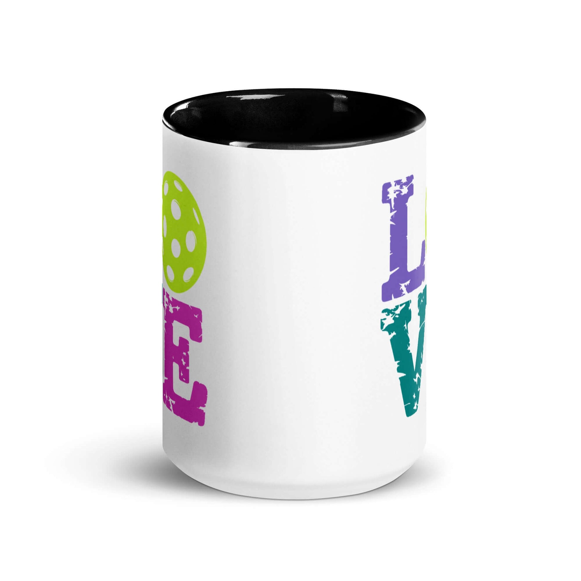 LOVE Pickleball Accent Mug with vibrant colors and glossy finish, perfect for pickleball enthusiasts.