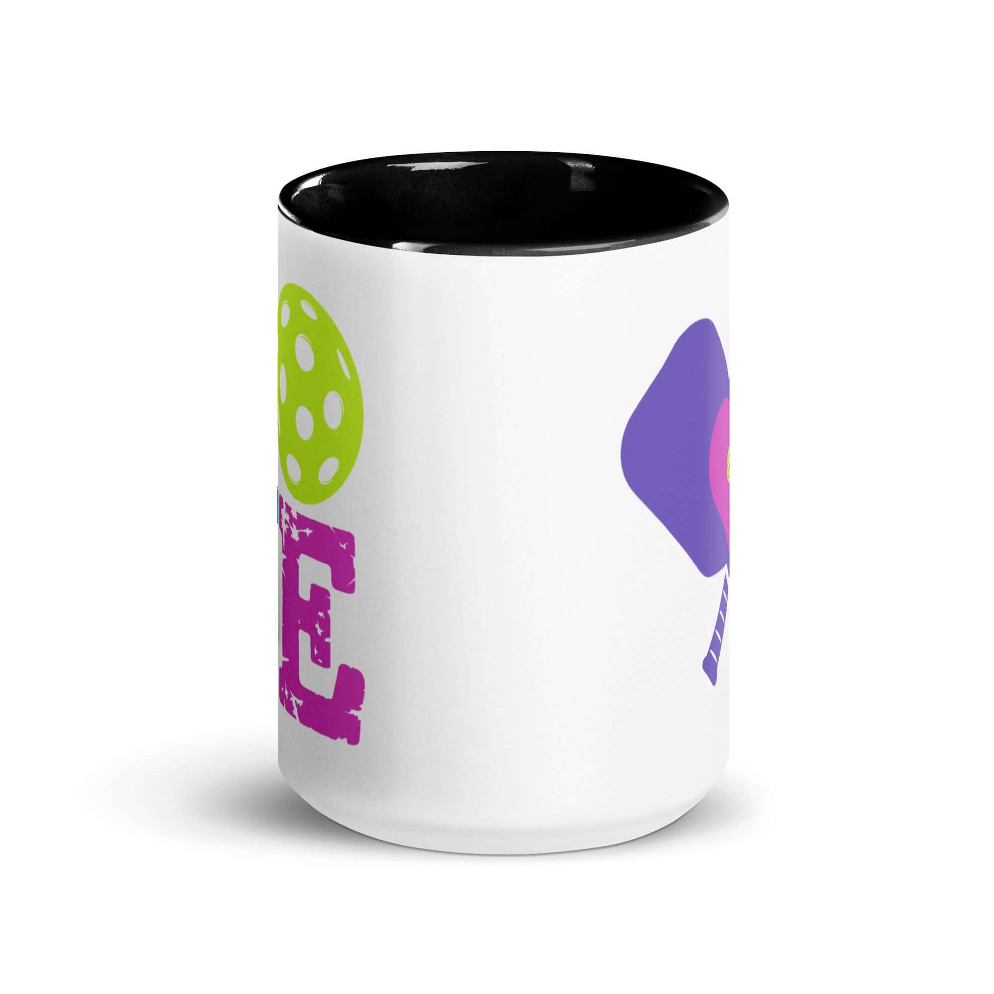 LOVE Pickleball Accent Mug with colorful design and black interior, perfect for pickleball lovers.