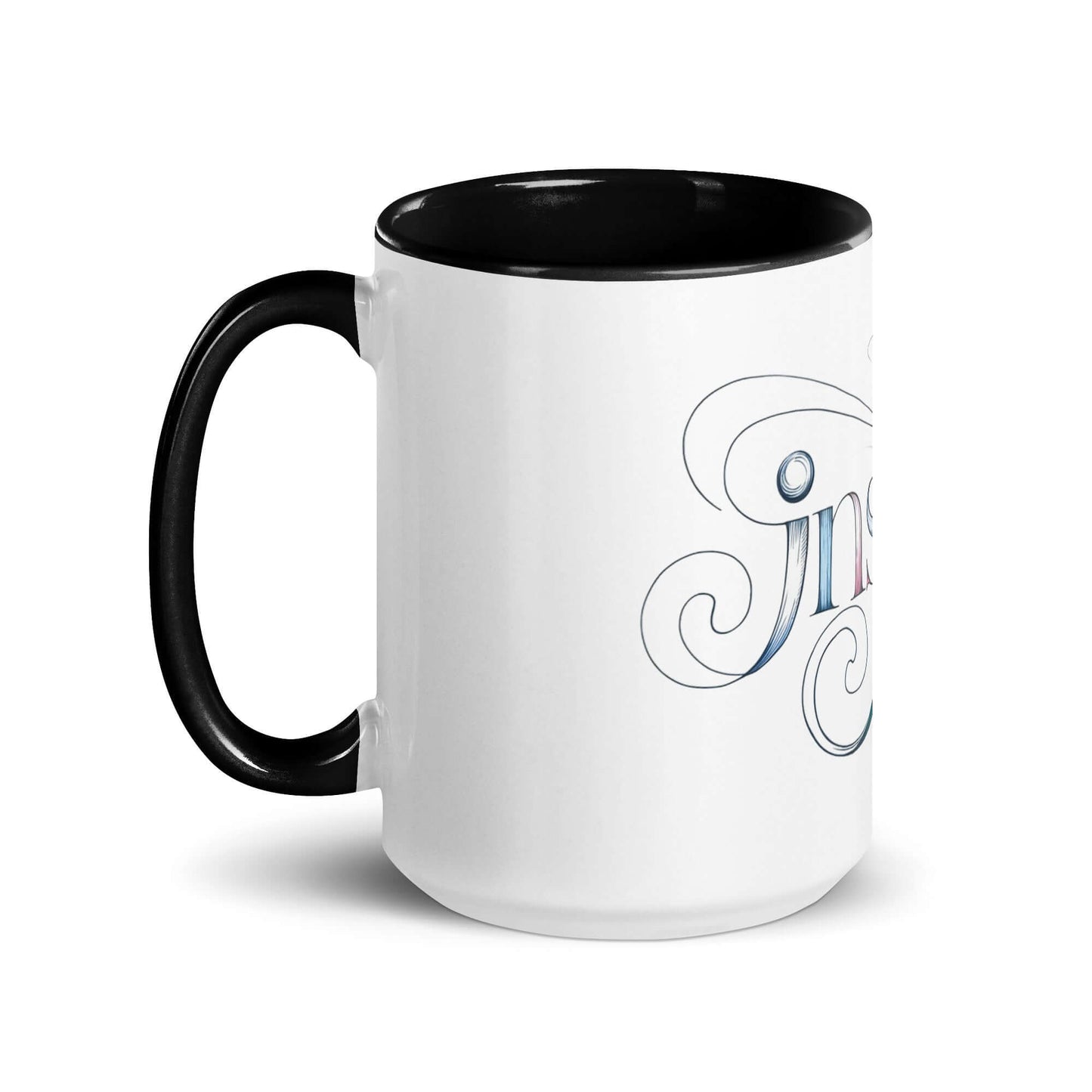 Inspire Sketch Mug with color inside, featuring elegant word art design that symbolizes creativity and inspiration.