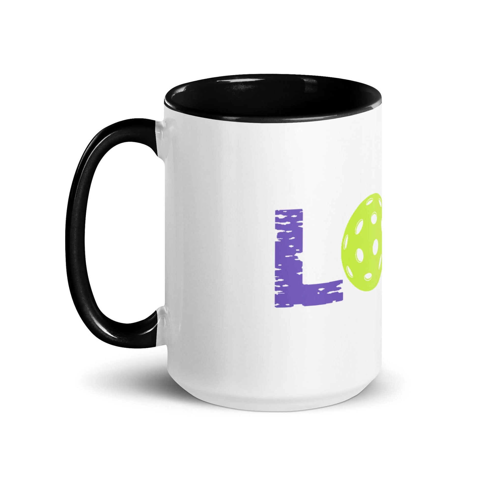 LOVE Pickleball Mug with vibrant colors and playful design, perfect for pickleball enthusiasts, 11 oz and 15 oz sizes available.