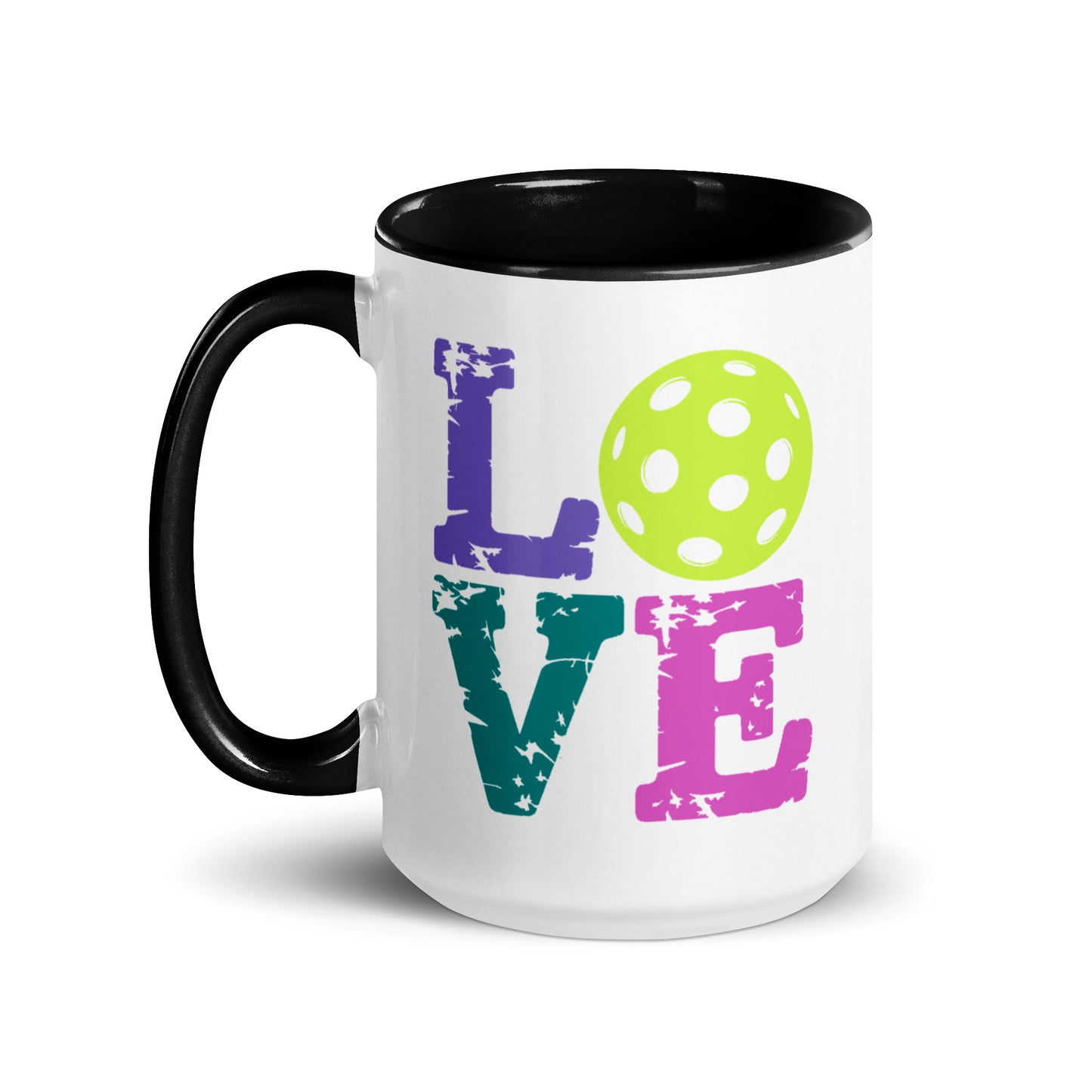 LOVE Pickleball mug with a colorful design in purple, green, and pink, perfect for pickleball lovers.