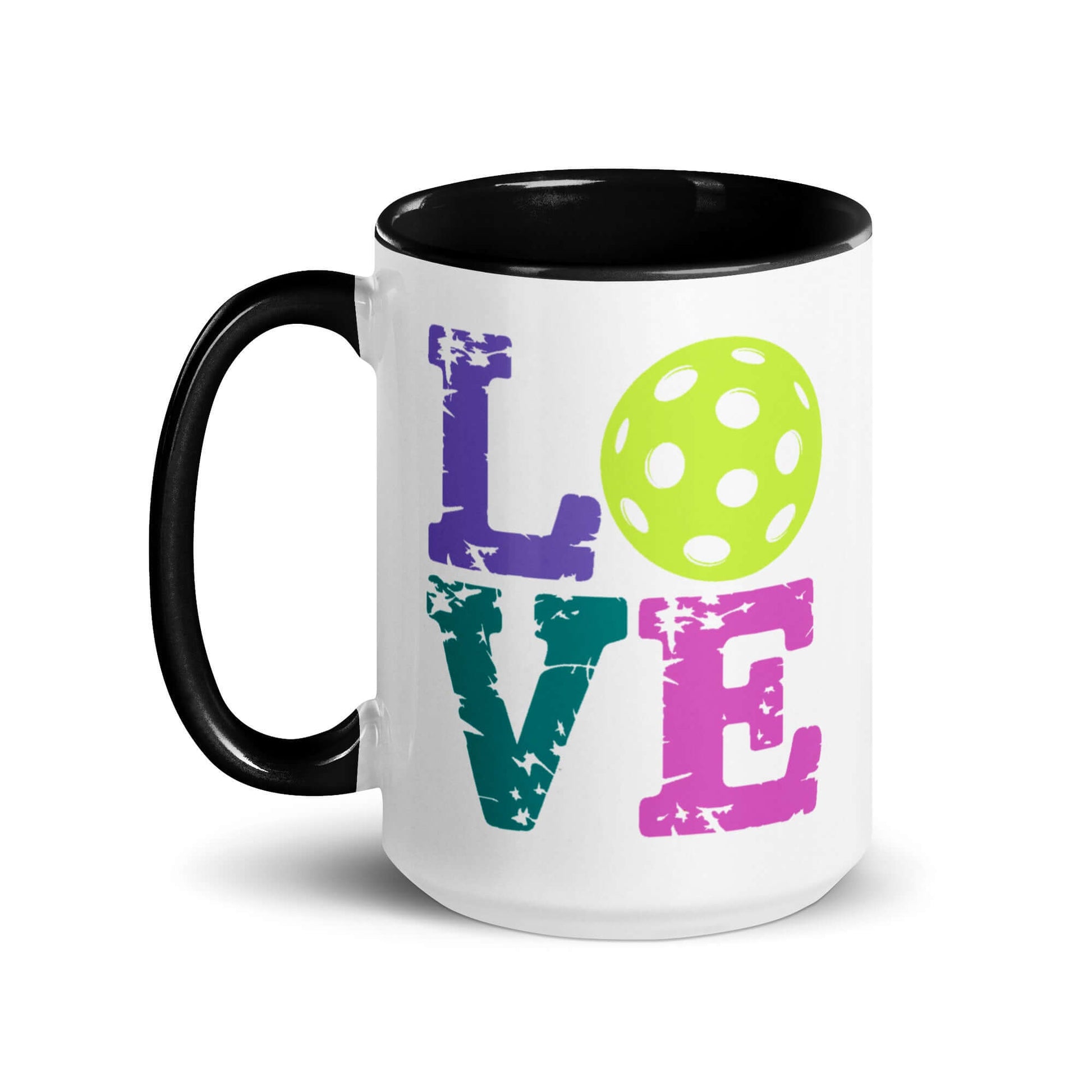 LOVE Pickleball accent mug with colorful lettering and green pickleball design.