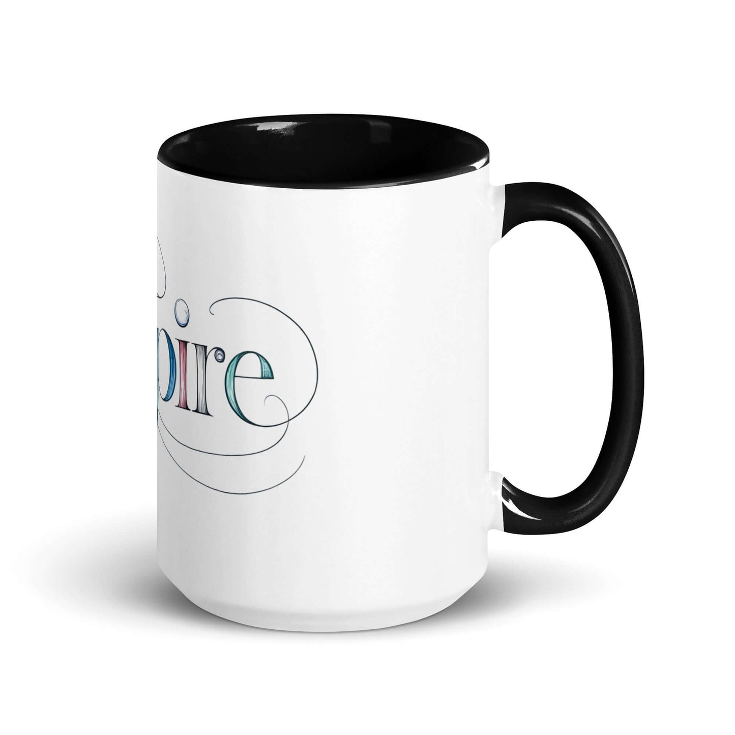 Inspire Sketch Mug with color inside, featuring elegant word art design and intricate patterns. Perfect for brightening mornings.