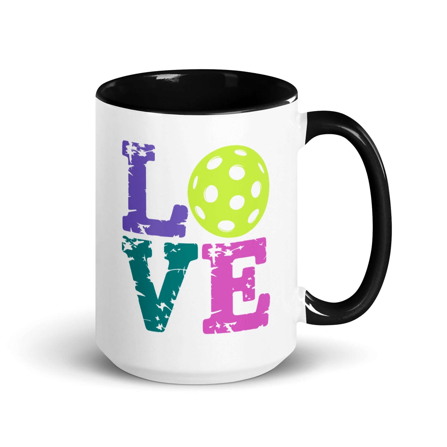 LOVE Pickleball Accent Mug with colorful design and polka dot ball, perfect for pickleball enthusiasts.