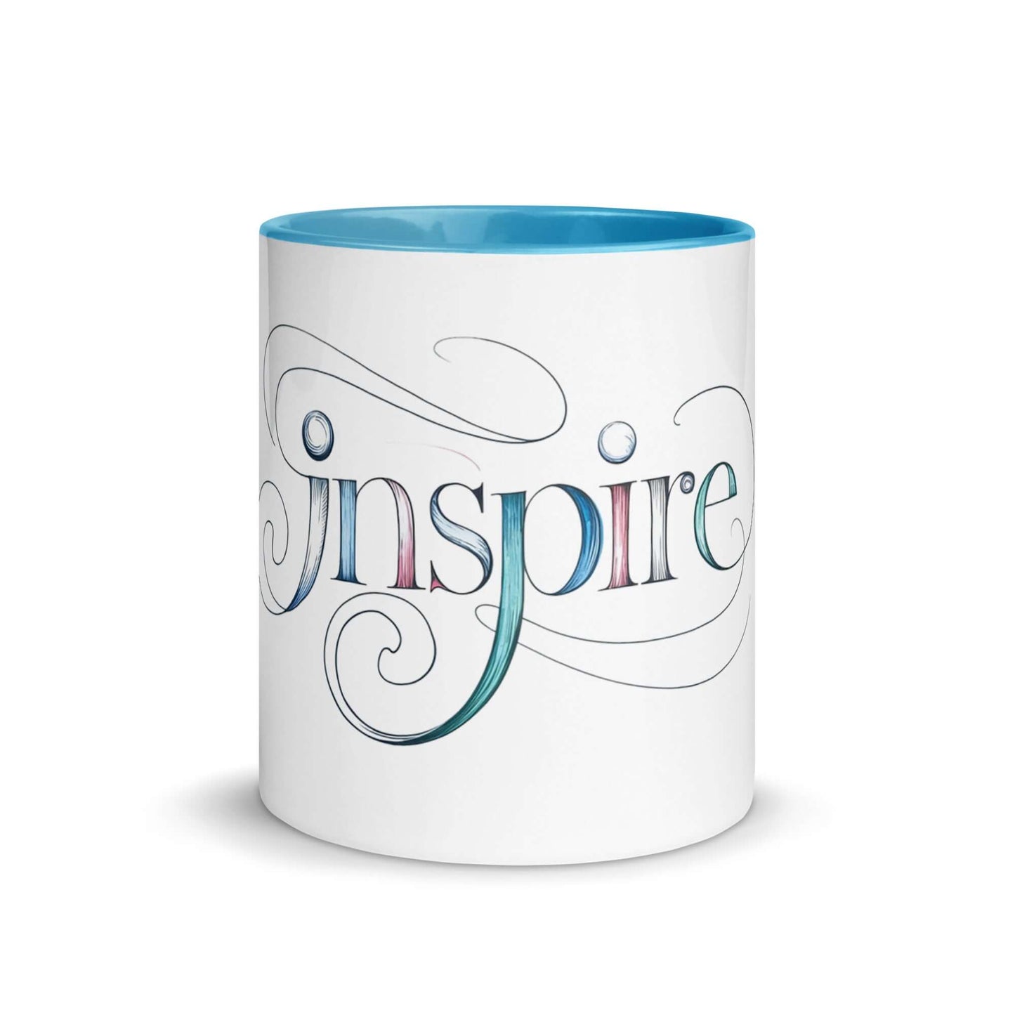 Inspire Sketch Mug with elegant word art design and vibrant blue interior for a creative touch to your mornings.