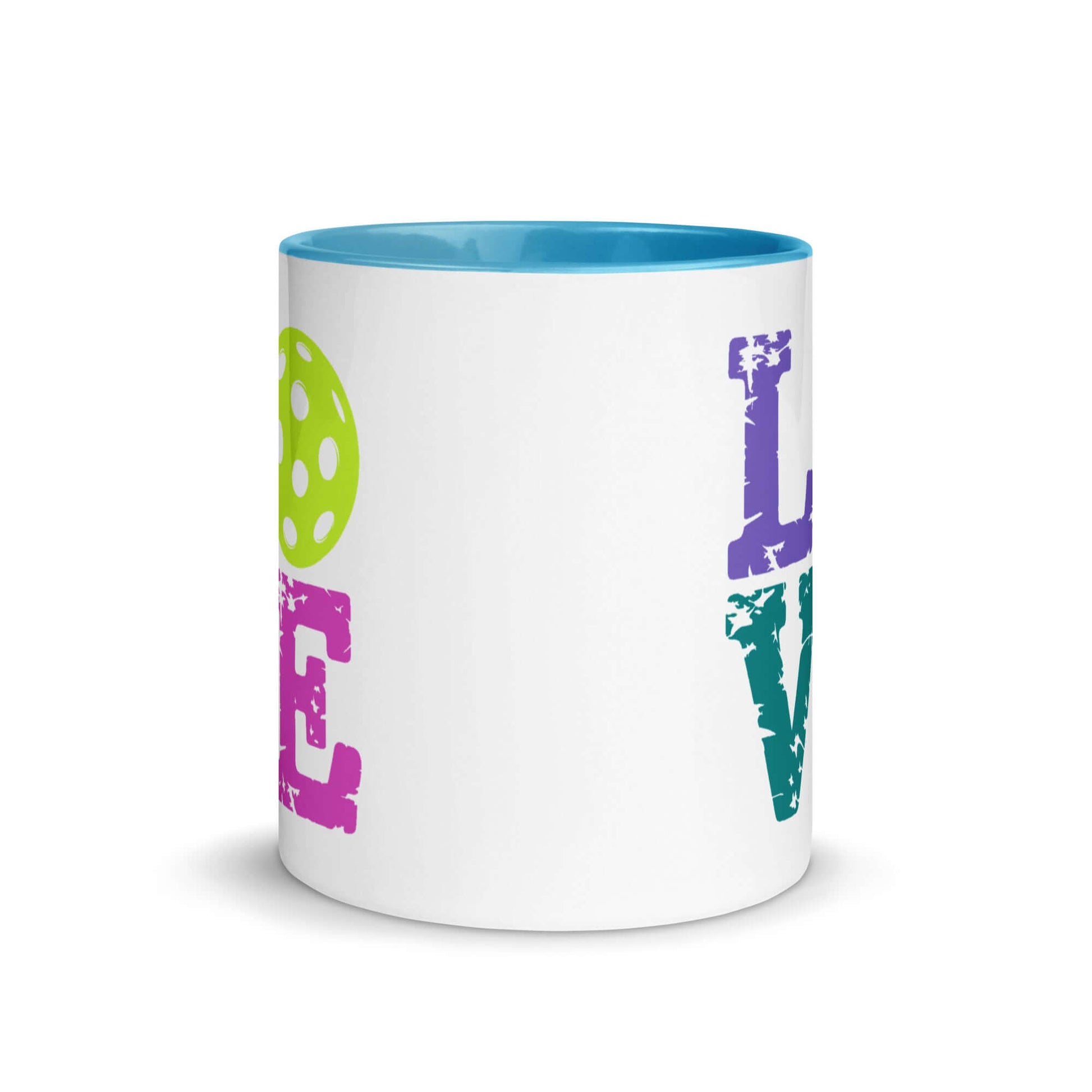 LOVE Pickleball Accent Mug with vibrant colors, perfect for enthusiasts enjoying coffee or tea.