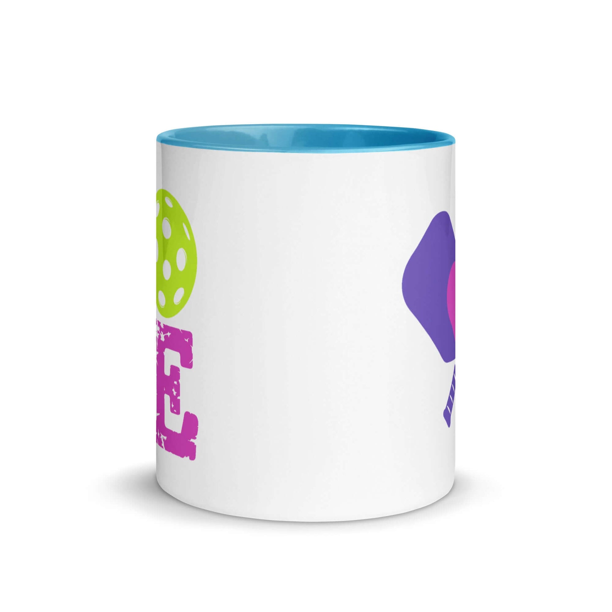 LOVE Pickleball Accent Mug with colorful design and vibrant blue interior for pickleball enthusiasts.