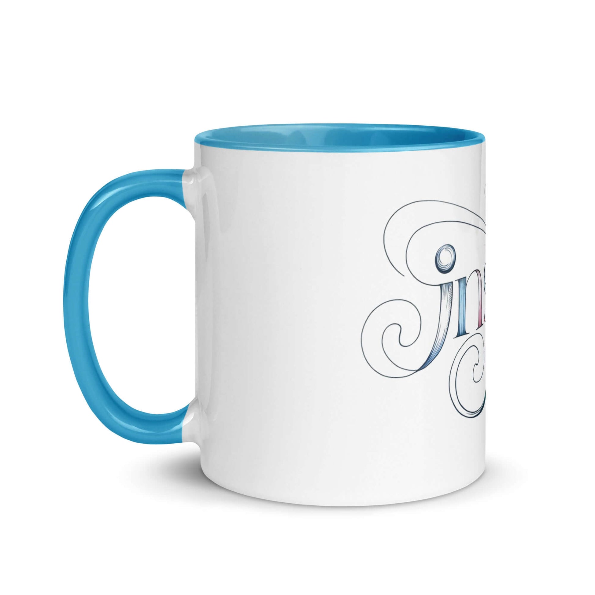 Inspire Sketch Mug with blue interior, featuring elegant word art design of "Inspire" and intricate swirls.