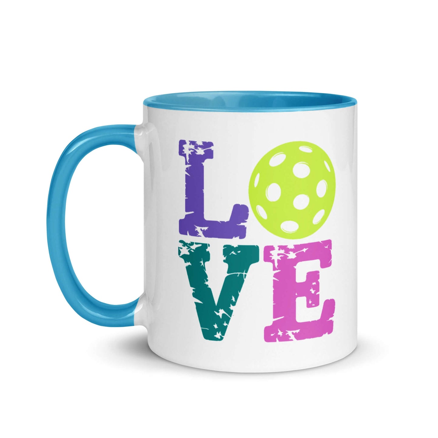 LOVE Pickleball Accent Mug featuring vibrant colors and a playful pickleball design.