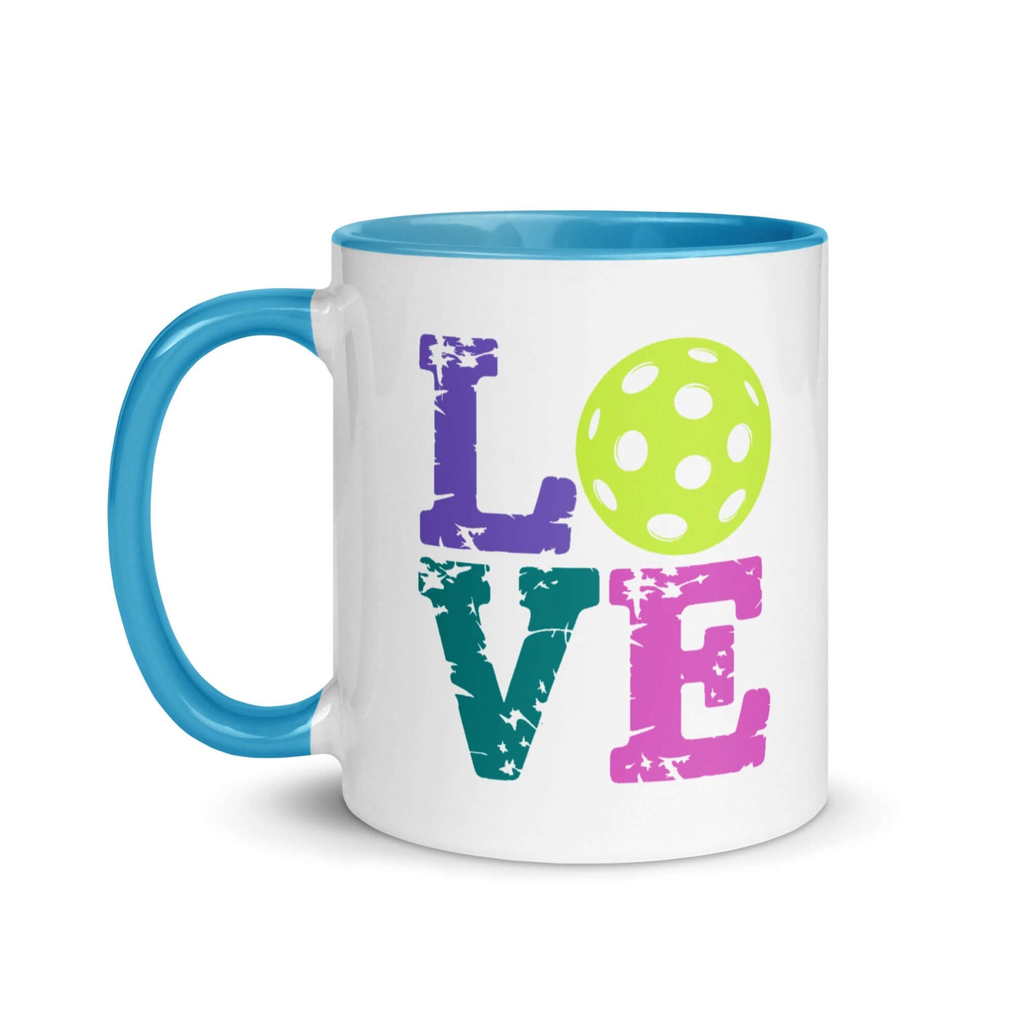 Colorful LOVE Pickleball accent mug with playful design, perfect for pickleball enthusiasts and daily drinks.