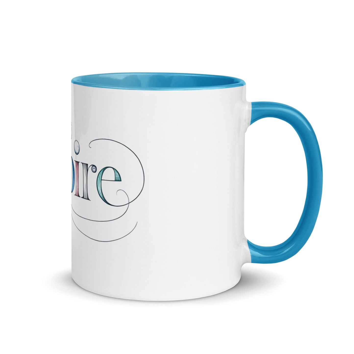 Inspire Sketch Mug with vibrant blue interior and elegant word art design showcasing "Inspire" in artistic lettering.