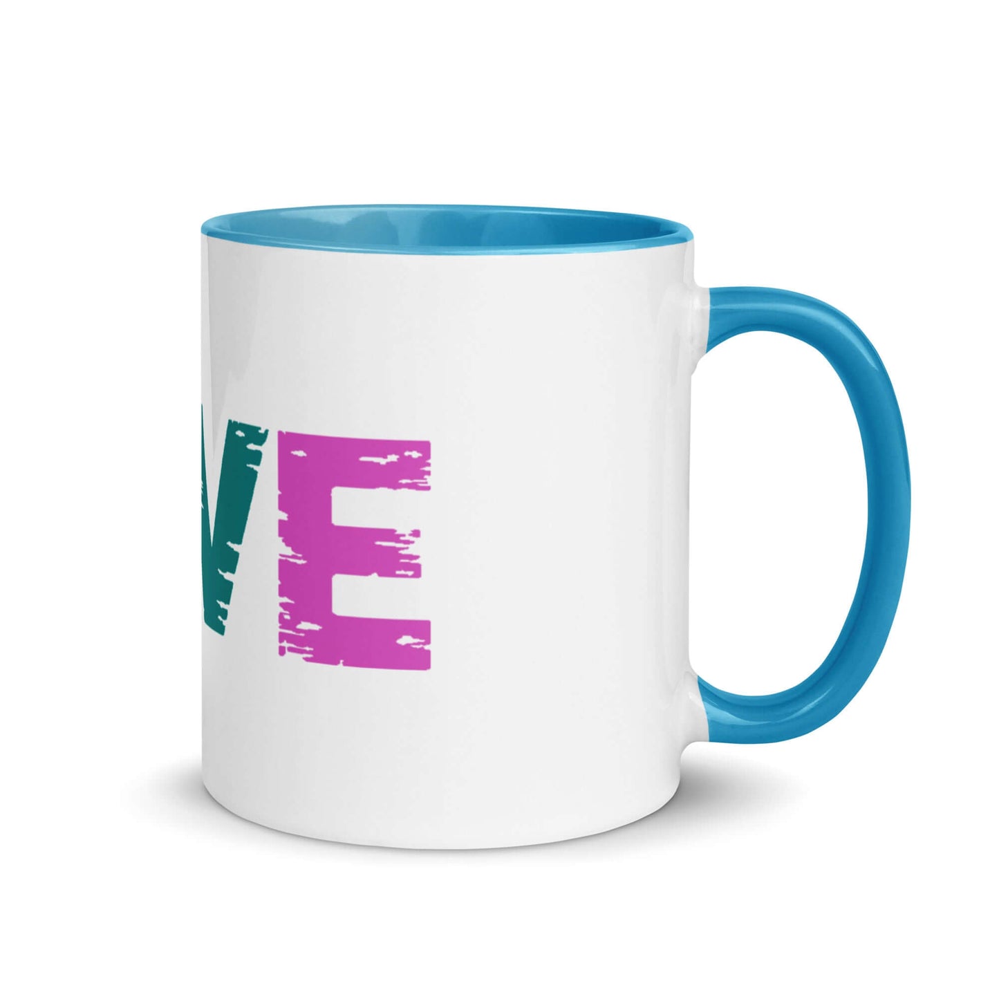 LOVE Pickleball mug with colorful design and blue handle, perfect for pickleball enthusiasts.