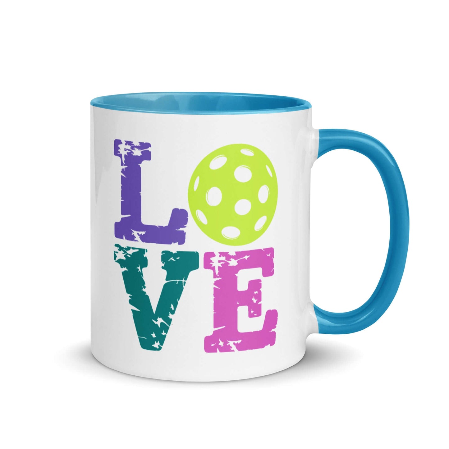 LOVE Pickleball Accent Mug with colorful design and polka dot ball, perfect for pickleball enthusiasts.