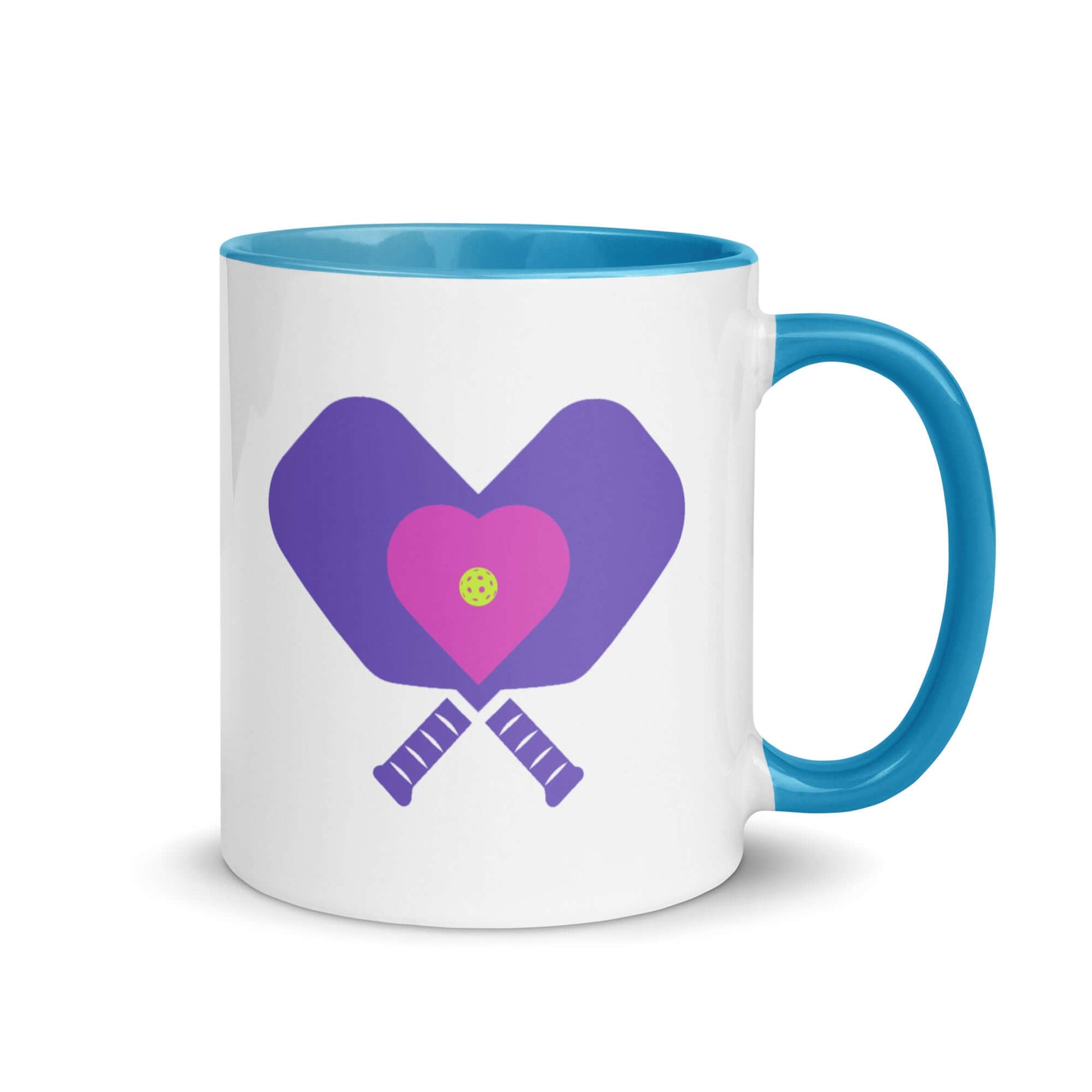 LOVE Pickleball Accent Mug with heart and paddles design, vibrant color for pickleball enthusiasts.