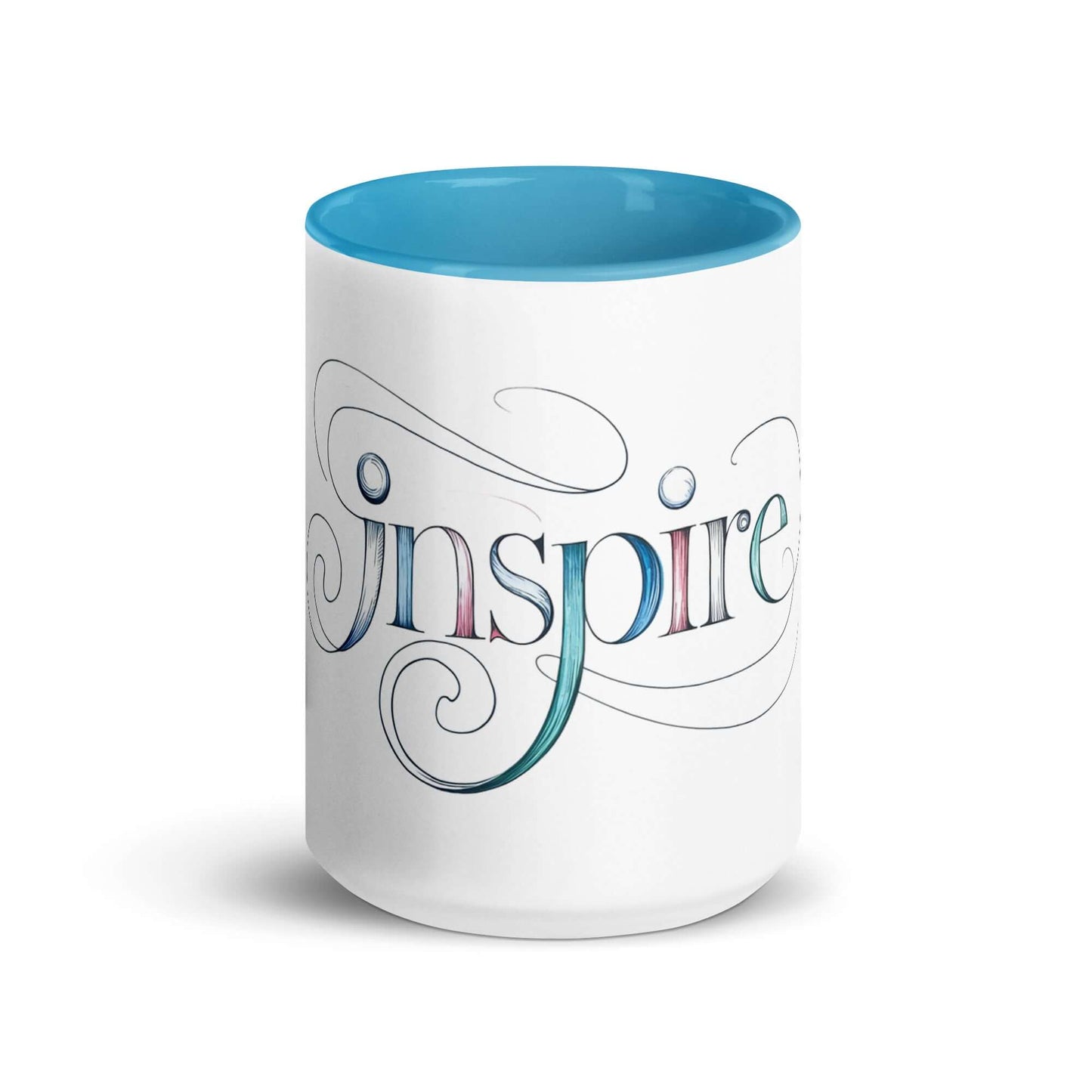 Inspire Sketch Mug with colorful interior, featuring elegant word art design and intricate swirls. Perfect for vibrant mornings.