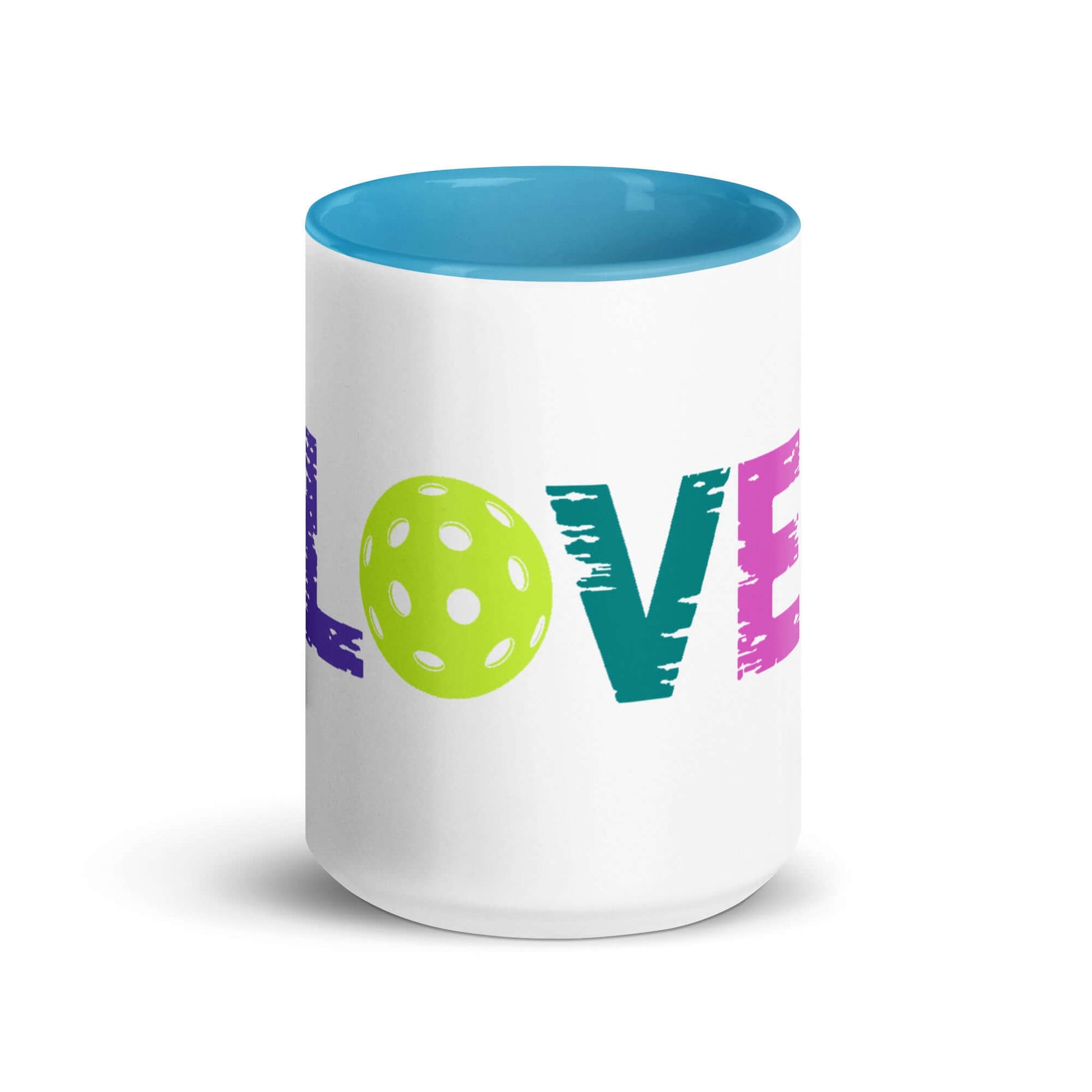 LOVE Pickleball Mug with vibrant colors and a playful design, perfect for pickleball enthusiasts.