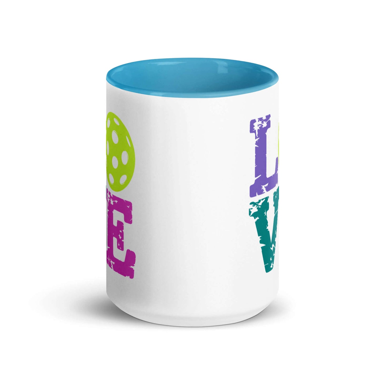 LOVE Pickleball Accent Mug with colorful design and blue interior, perfect for coffee or tea lovers.