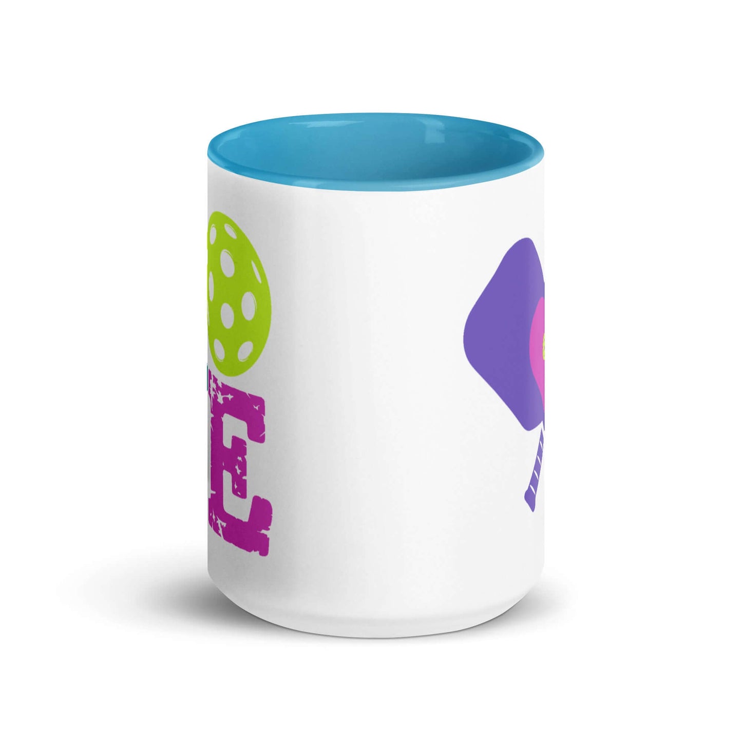 LOVE Pickleball Accent Mug with colorful designs and a blue inner surface, perfect for drinkware lovers.