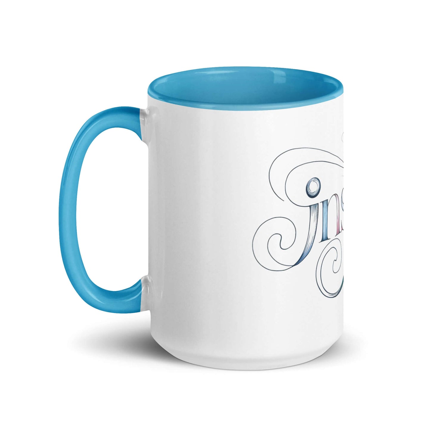 Inspire Sketch Mug with vibrant blue inside and elegant "Inspire" word art design. Perfect for brightening mornings.