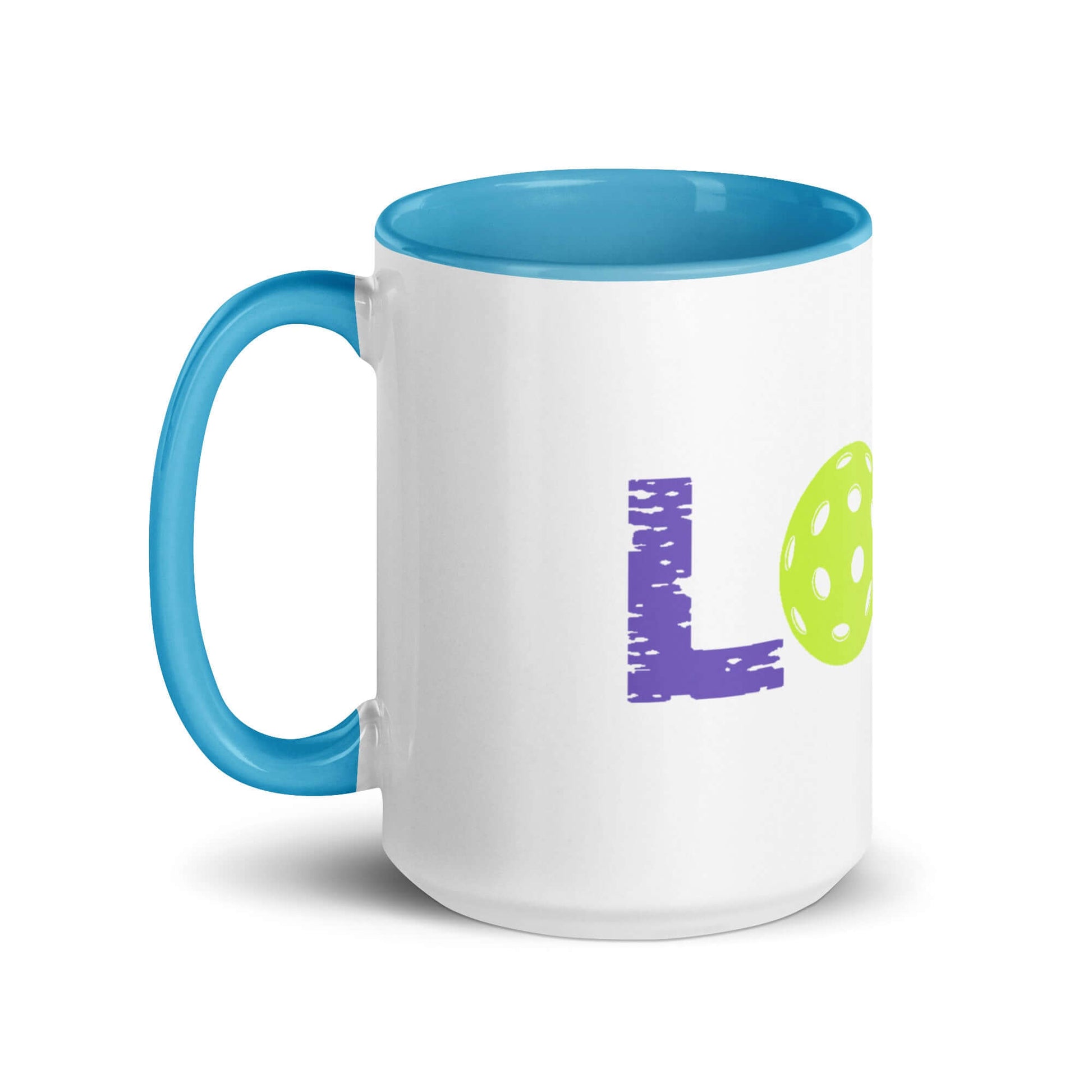 LOVE Pickleball Mug with vibrant colors and blue handle, perfect for energizing morning drinks.