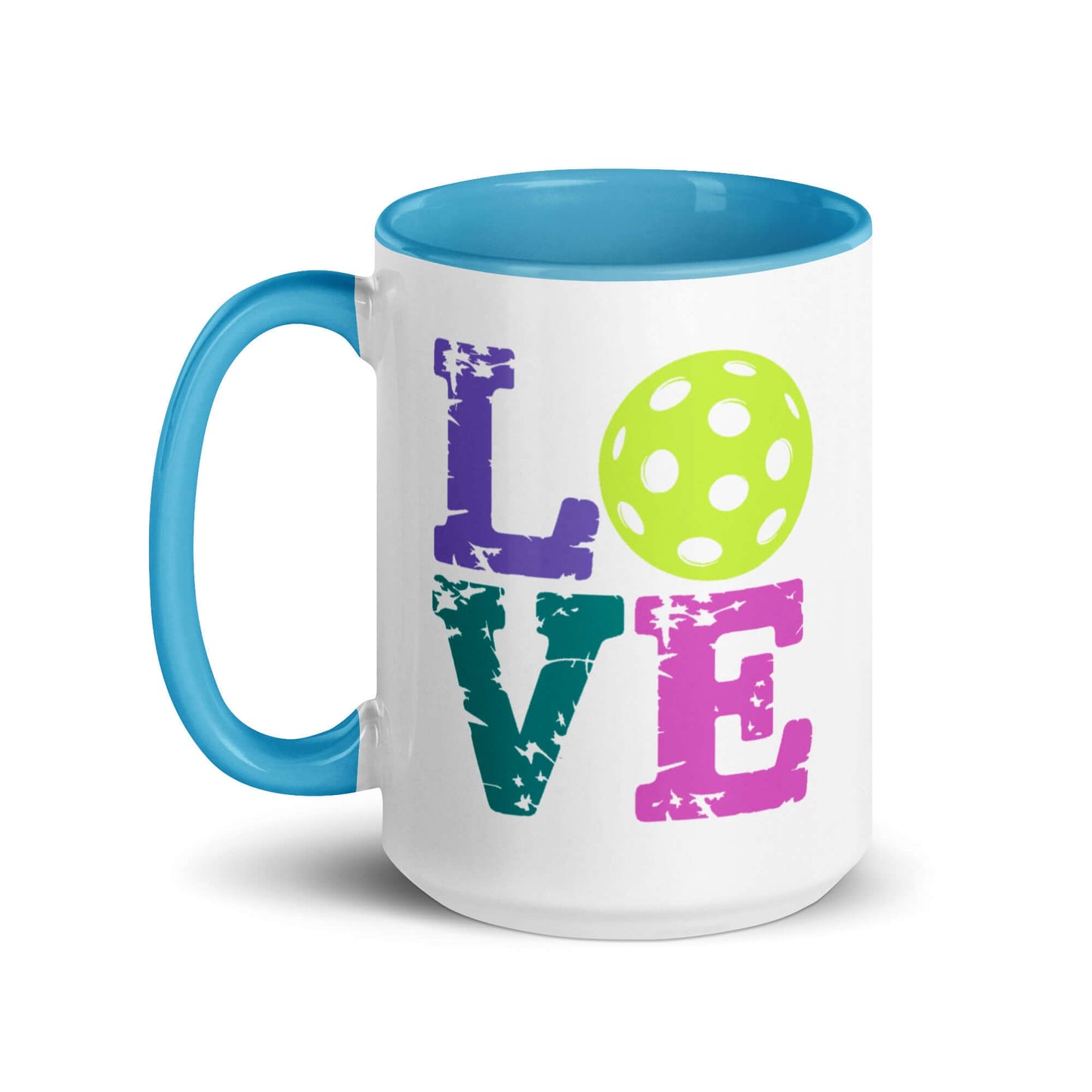 LOVE Pickleball Accent Mug with vibrant colors and a polka dot pickleball design.