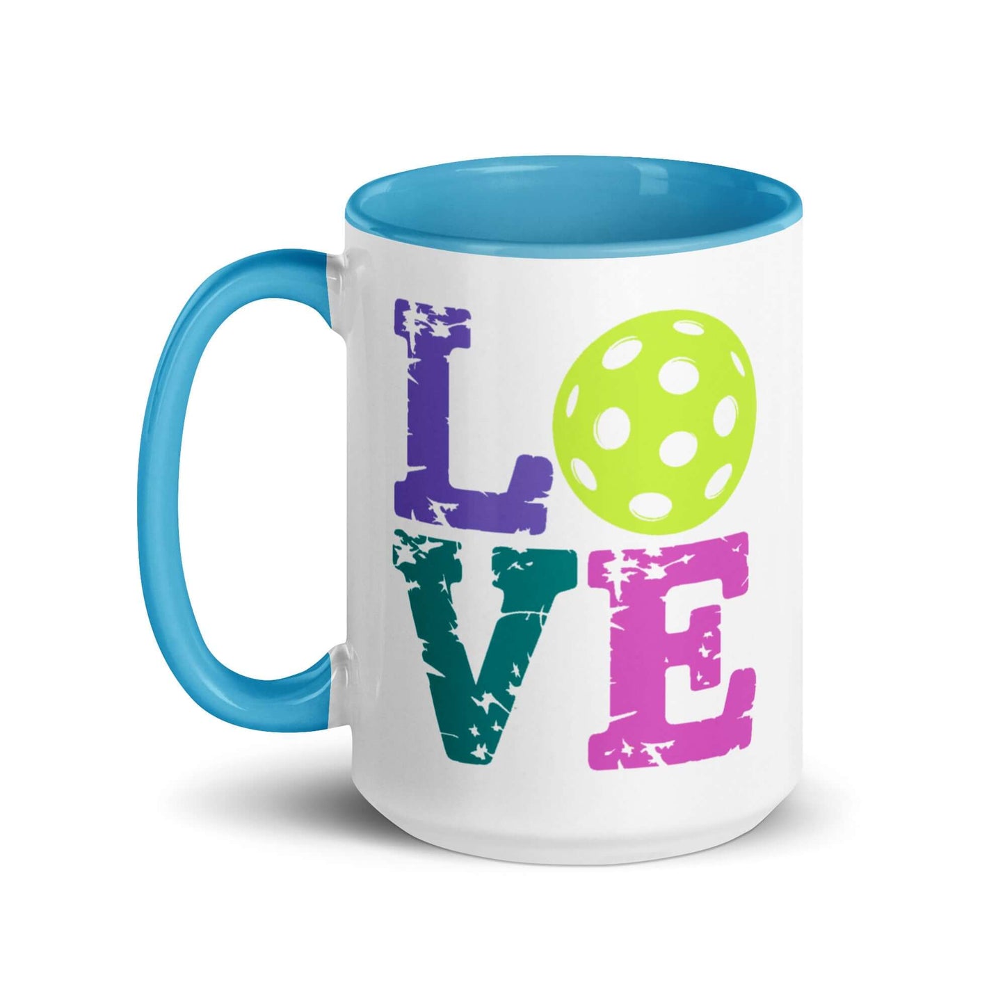 LOVE Pickleball Accent Mug with colorful lettering and a dotted pickleball design, perfect for pickleball enthusiasts.