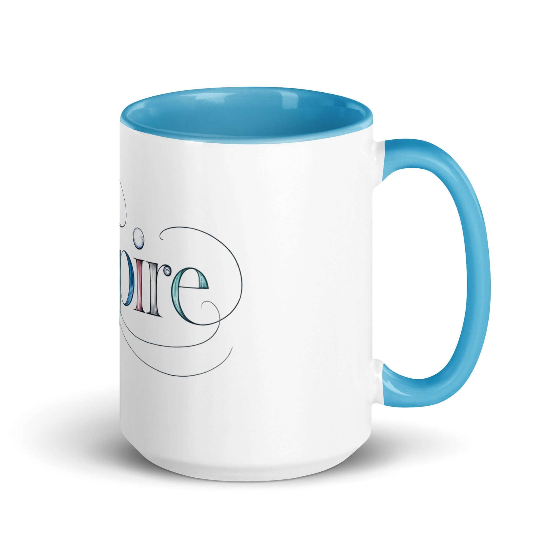 Inspire Sketch Mug with vibrant blue inside and elegant word art design, perfect for morning creativity.