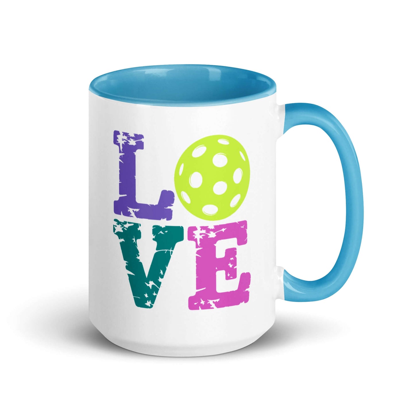 LOVE Pickleball Accent Mug with vibrant colors, perfect for coffee or tea lovers and pickleball enthusiasts.