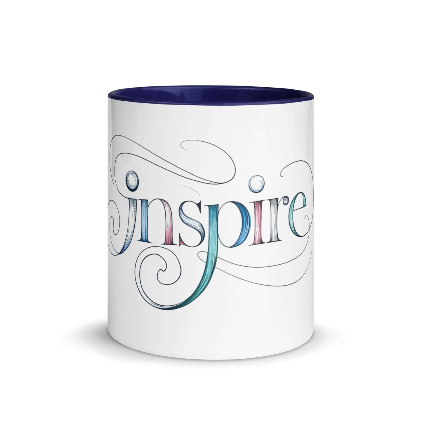 Inspire Sketch Mug featuring elegant word art design and vibrant colored interior for colorful mornings.