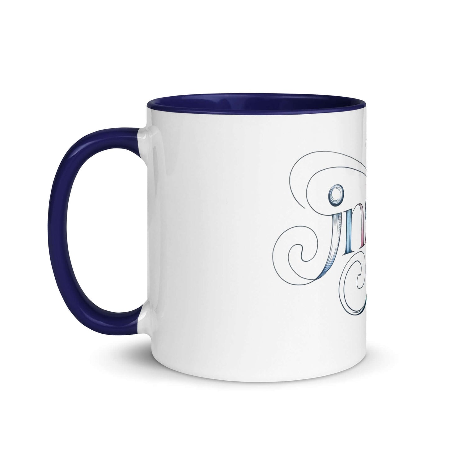 Inspire Sketch Mug with blue interior, featuring elegant word art design showcasing the word "Inspire."