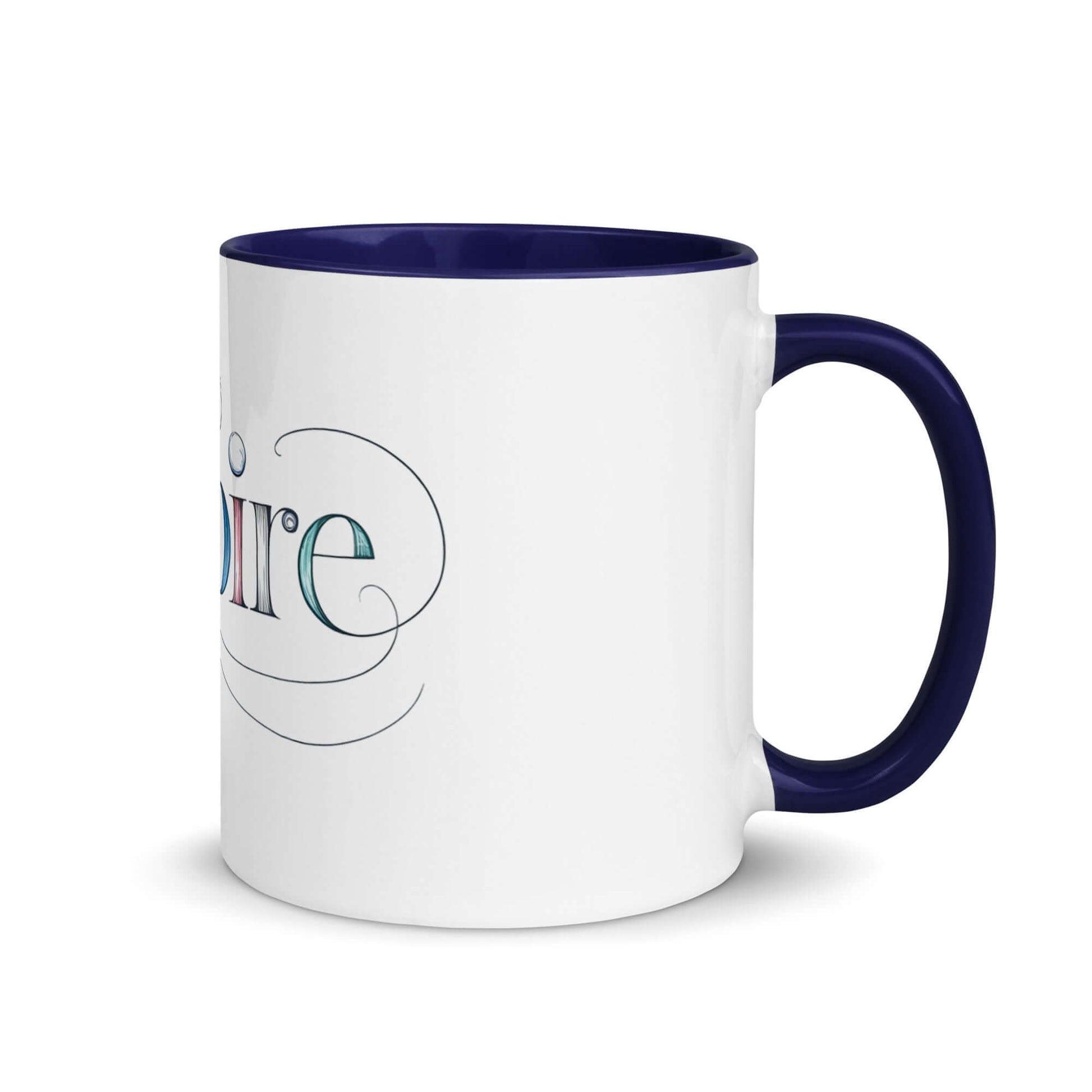 Inspire Sketch Mug with vibrant color inside, featuring elegant word art design and intricate swirls.