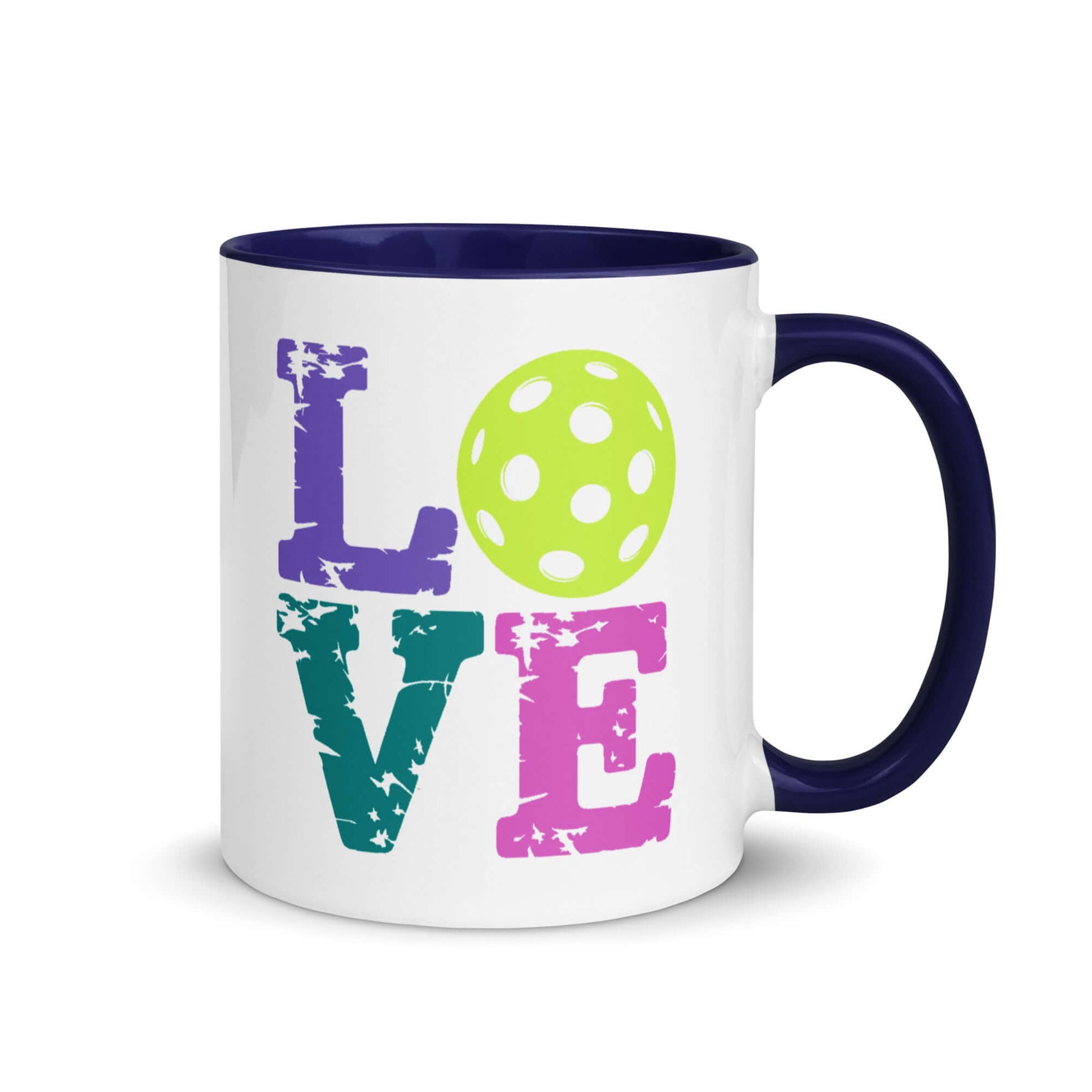 LOVE Pickleball Accent Mug with colorful letters and a pickleball design, perfect for pickleball enthusiasts.