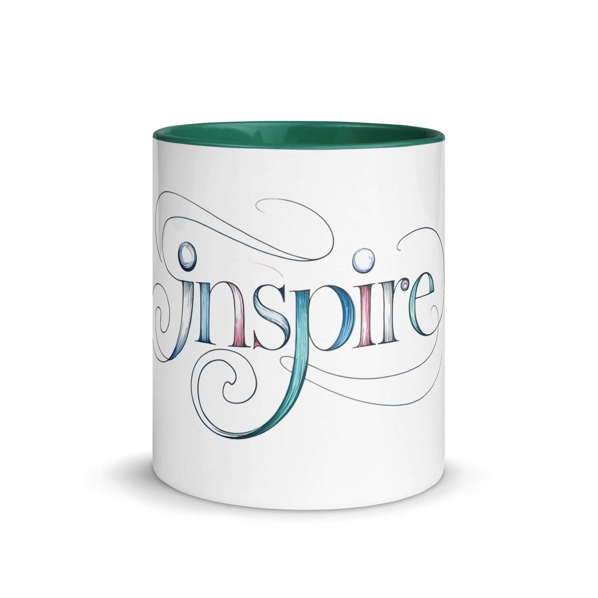 Inspire Sketch Mug with color inside featuring elegant word art design and intricate swirls for vibrant mornings.