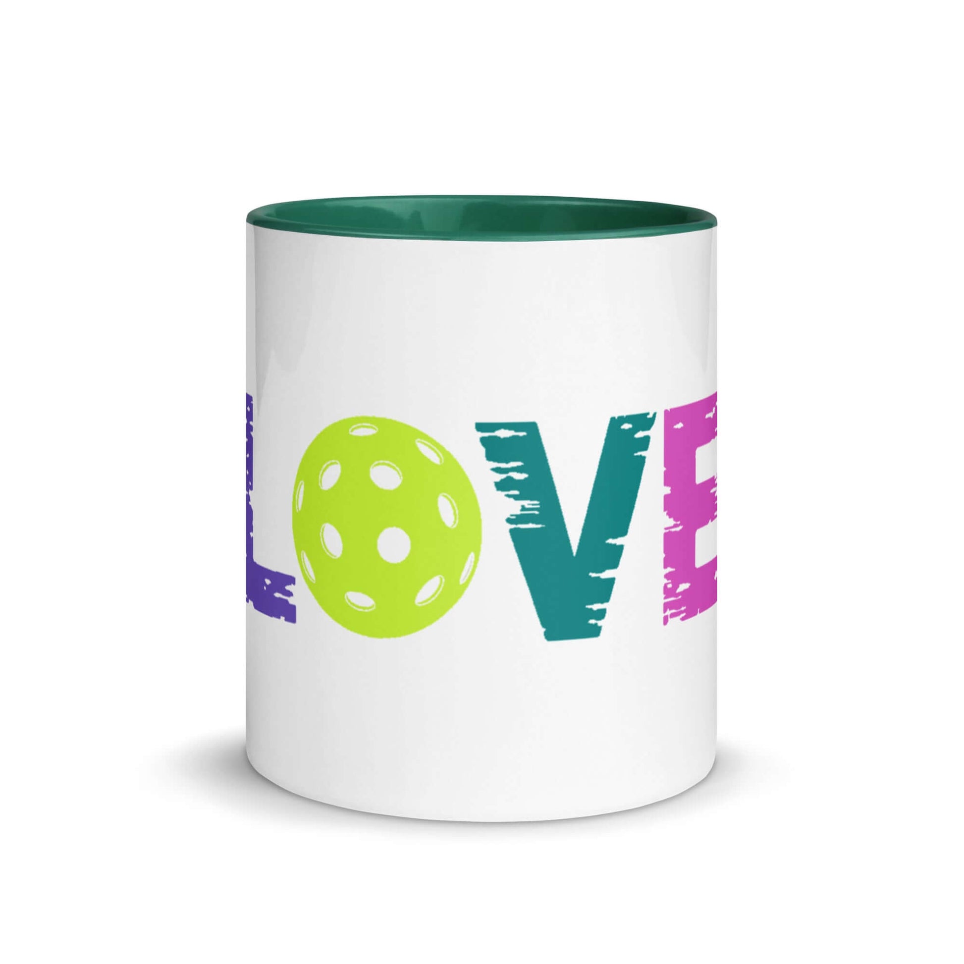 LOVE Pickleball Mug with colorful lettering and green interior, perfect for pickleball enthusiasts.