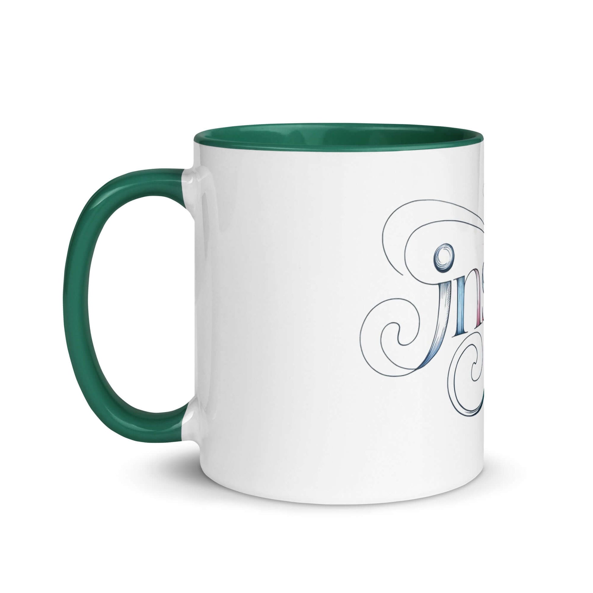 Inspire Sketch Mug with green interior, featuring elegant word art design of the word "Inspire" in intricate swirls.