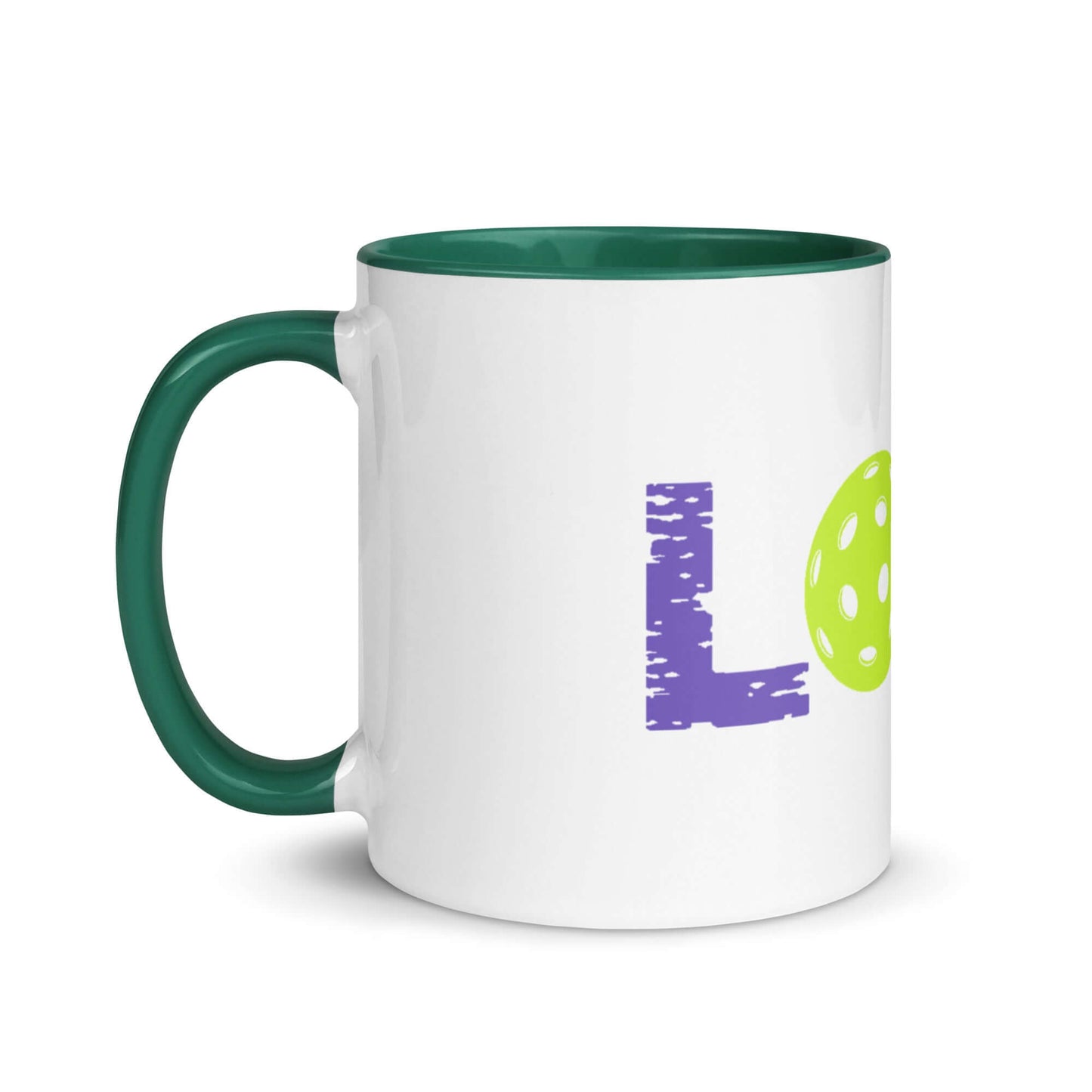 LOVE Pickleball Mug showcasing vibrant colors and playful design, perfect for pickleball enthusiasts.