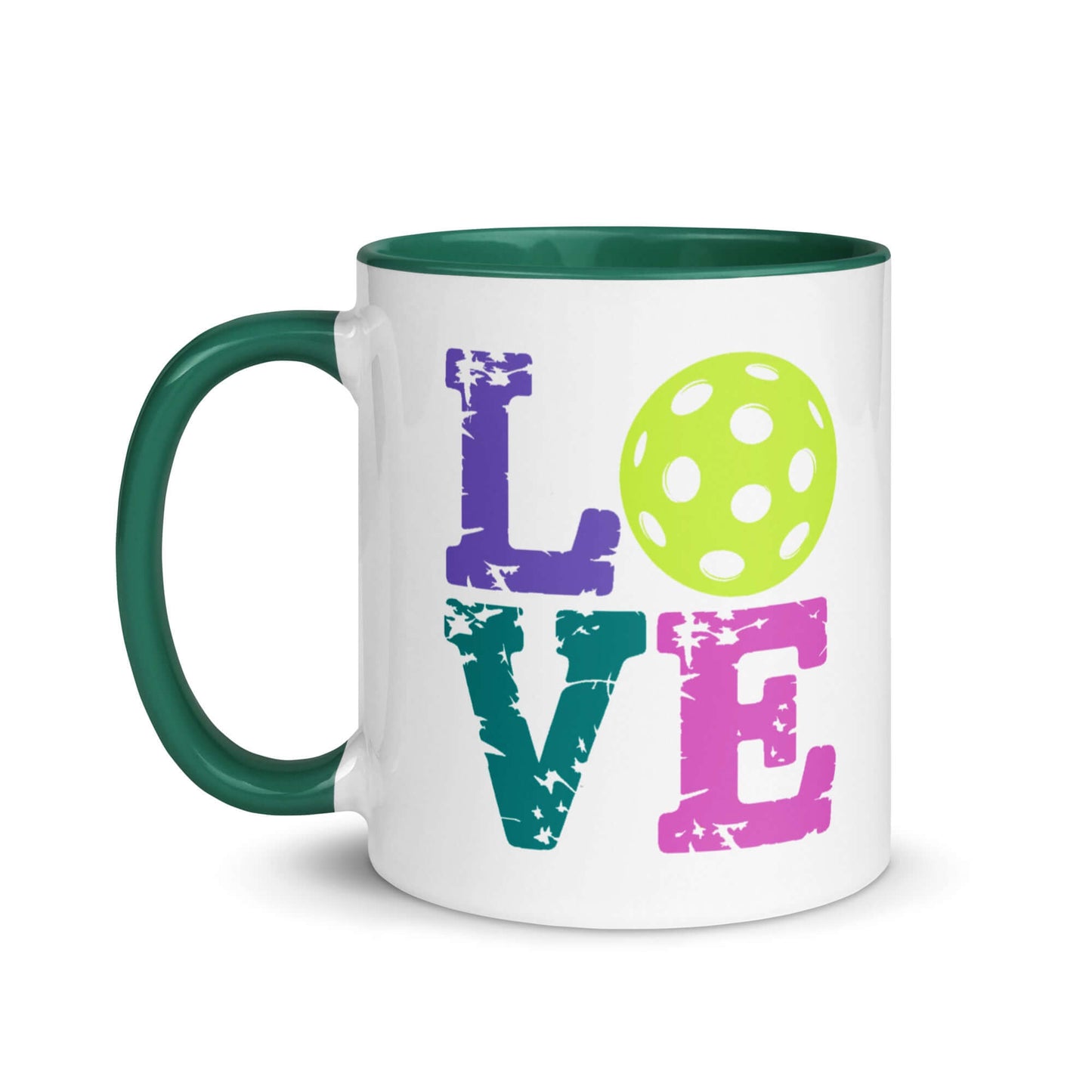 LOVE Pickleball Accent Mug with colorful letters and pickleball design, perfect for enthusiasts.