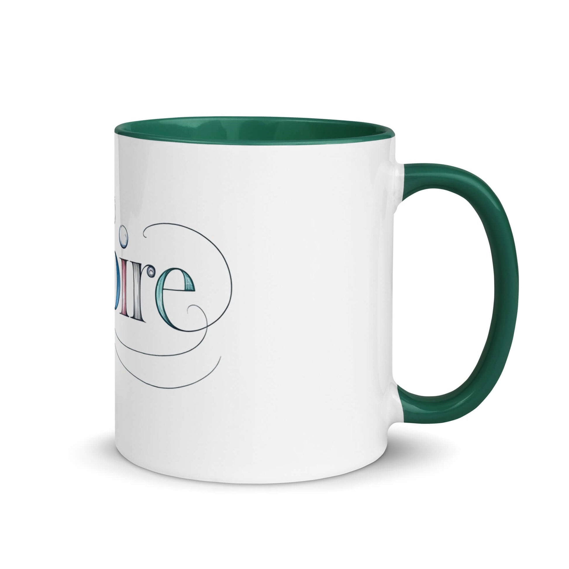 Inspire Sketch Mug with green inside, featuring elegant word art design and intricate swirls. Perfect for vibrant mornings.