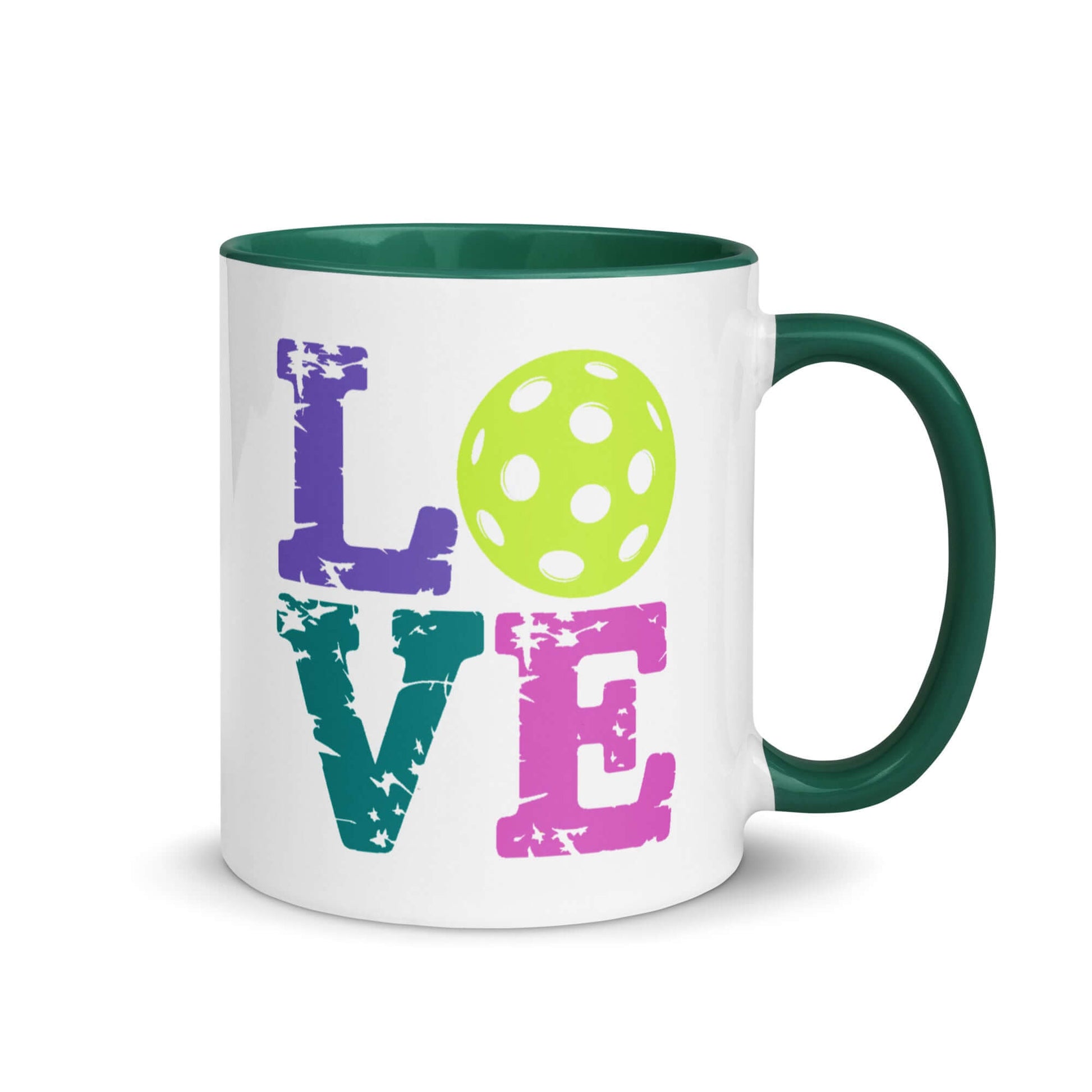 LOVE Pickleball Accent Mug with colorful letters and green interior for pickleball enthusiasts.