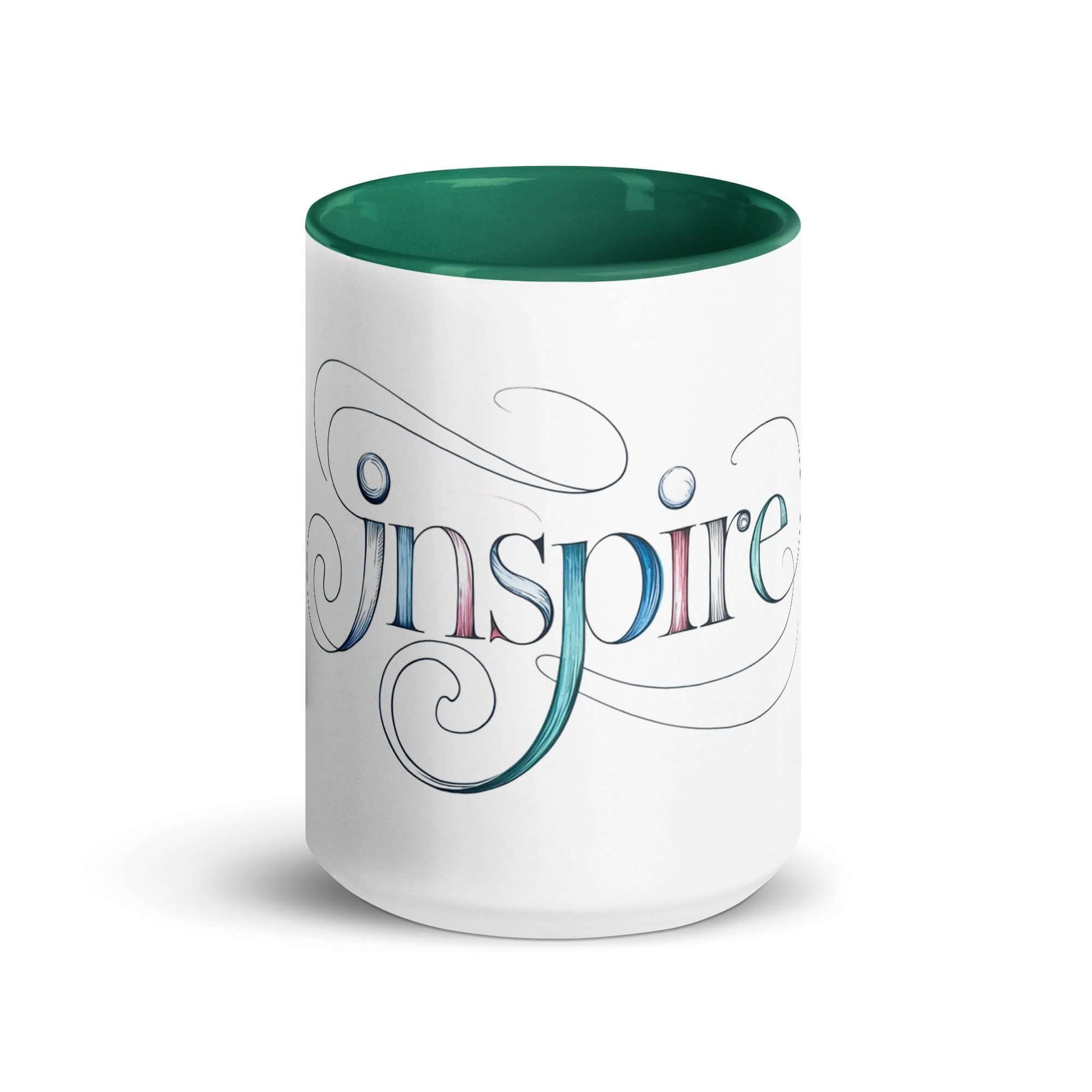 Inspire Sketch Mug with vibrant green interior and artistic word design, perfect for creative mornings.