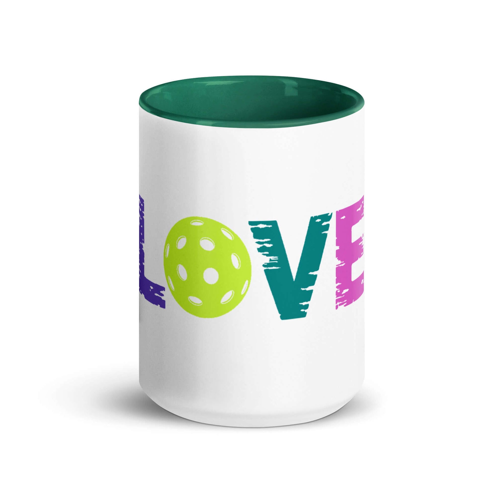 LOVE Pickleball Mug with vibrant design and colored interior, perfect for pickleball enthusiasts.