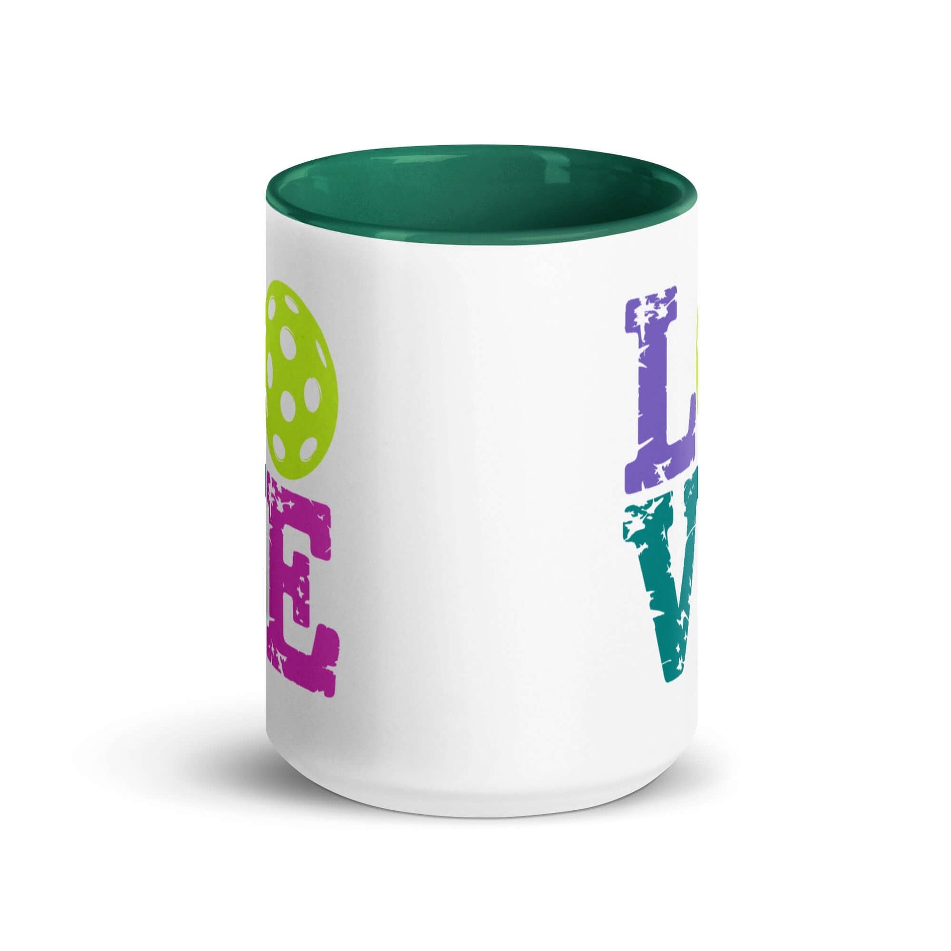 LOVE Pickleball Accent Mug with colorful design and green interior, perfect for coffee or tea.