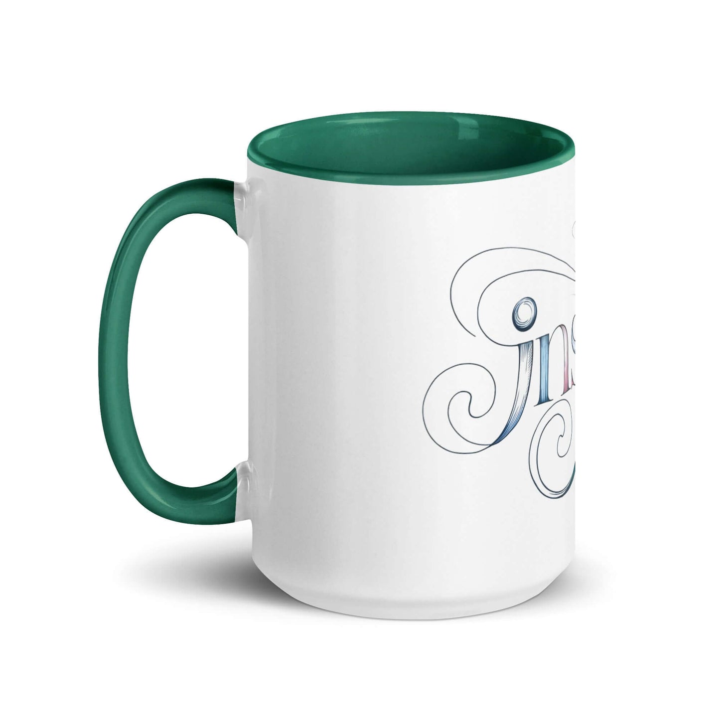 Inspire Sketch Mug with color-inside, featuring elegant word art design and intricate swirls on a white background.