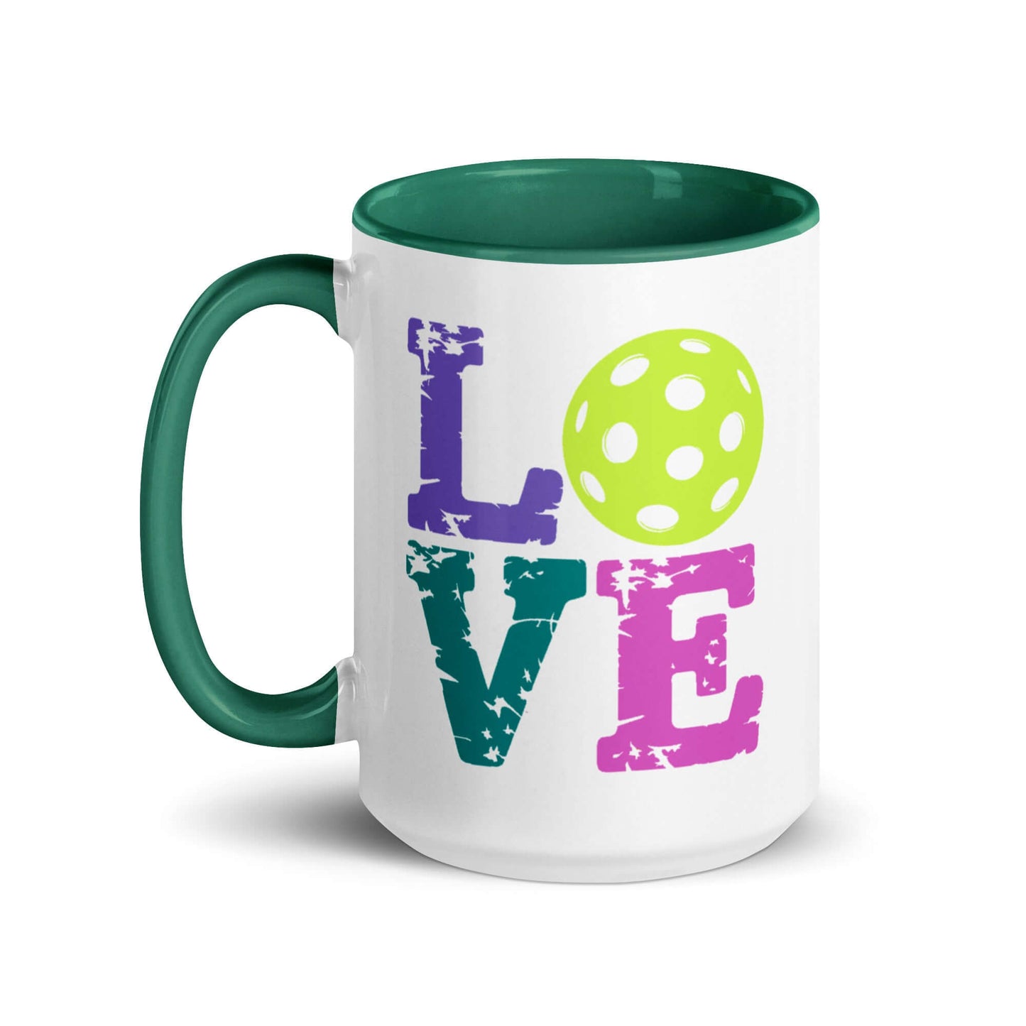 LOVE Pickleball Accent Mug with vibrant colors and polka dot ball design for pickleball enthusiasts.