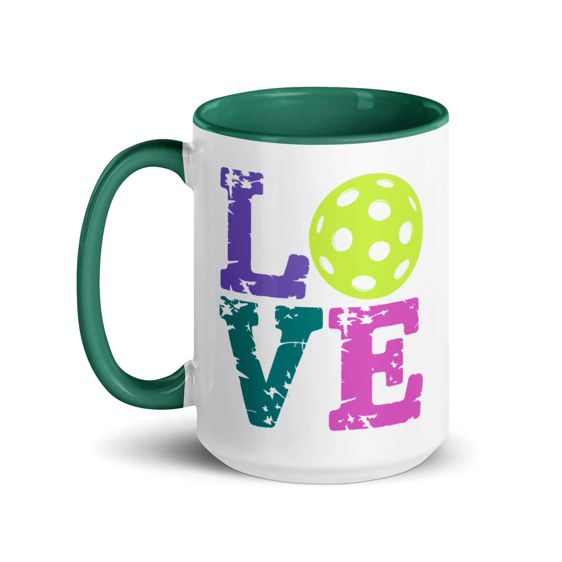 LOVE Pickleball Accent Mug with vibrant colors and a pickleball graphic, perfect for pickleball enthusiasts.