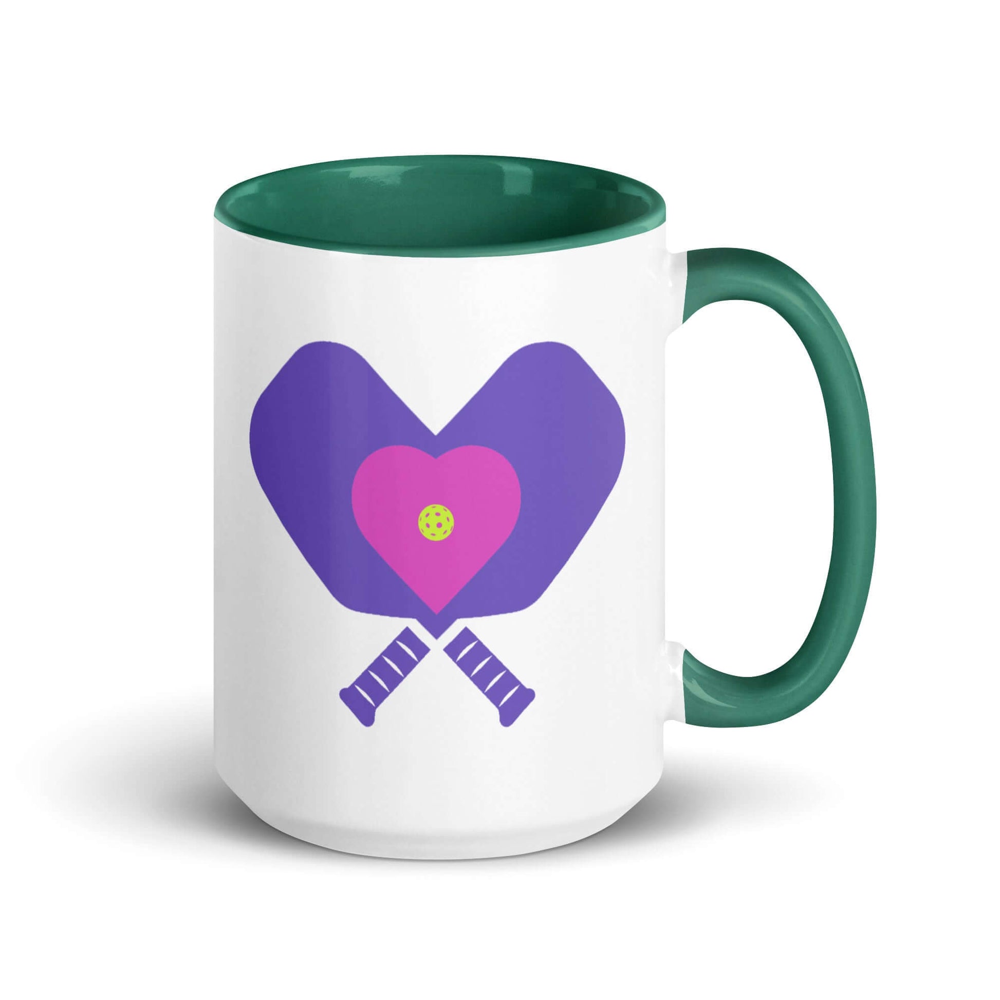 LOVE Pickleball Accent Mug with heart and paddles design, perfect for pickleball enthusiasts, vibrant and stylish.