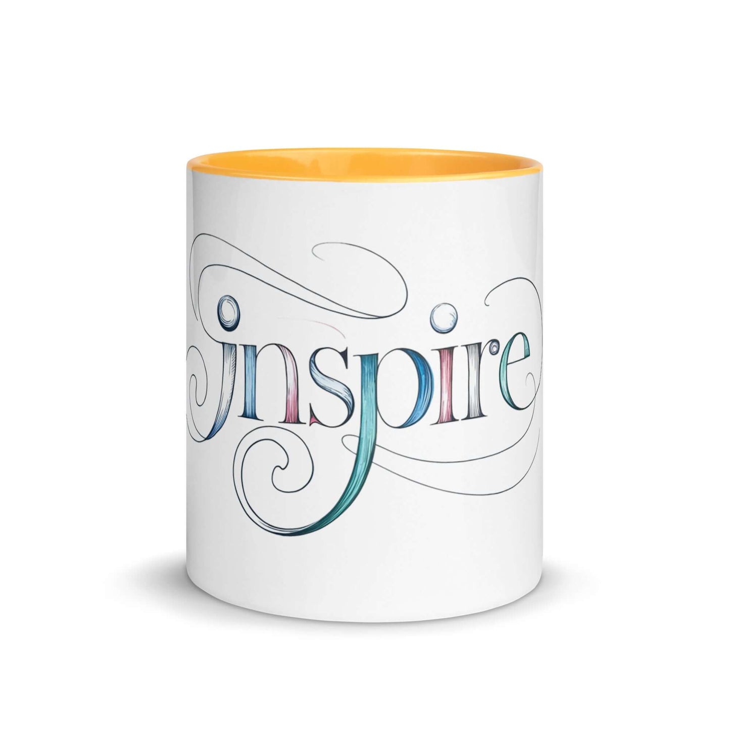 Inspire Sketch Mug with vibrant yellow interior and elegant word art design showcasing "Inspire" lettering.