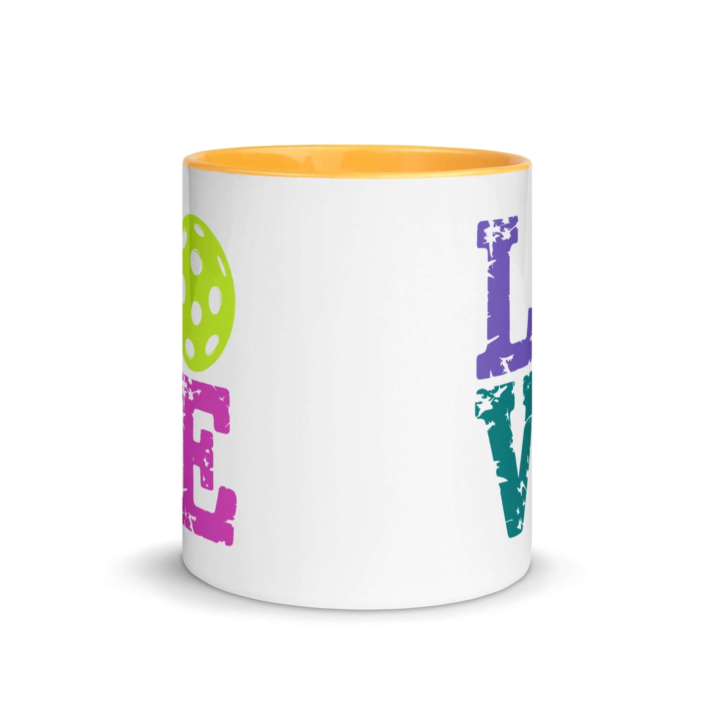 Colorful LOVE Pickleball Accent Mug with vibrant letters and pickleball design, perfect for coffee or tea.