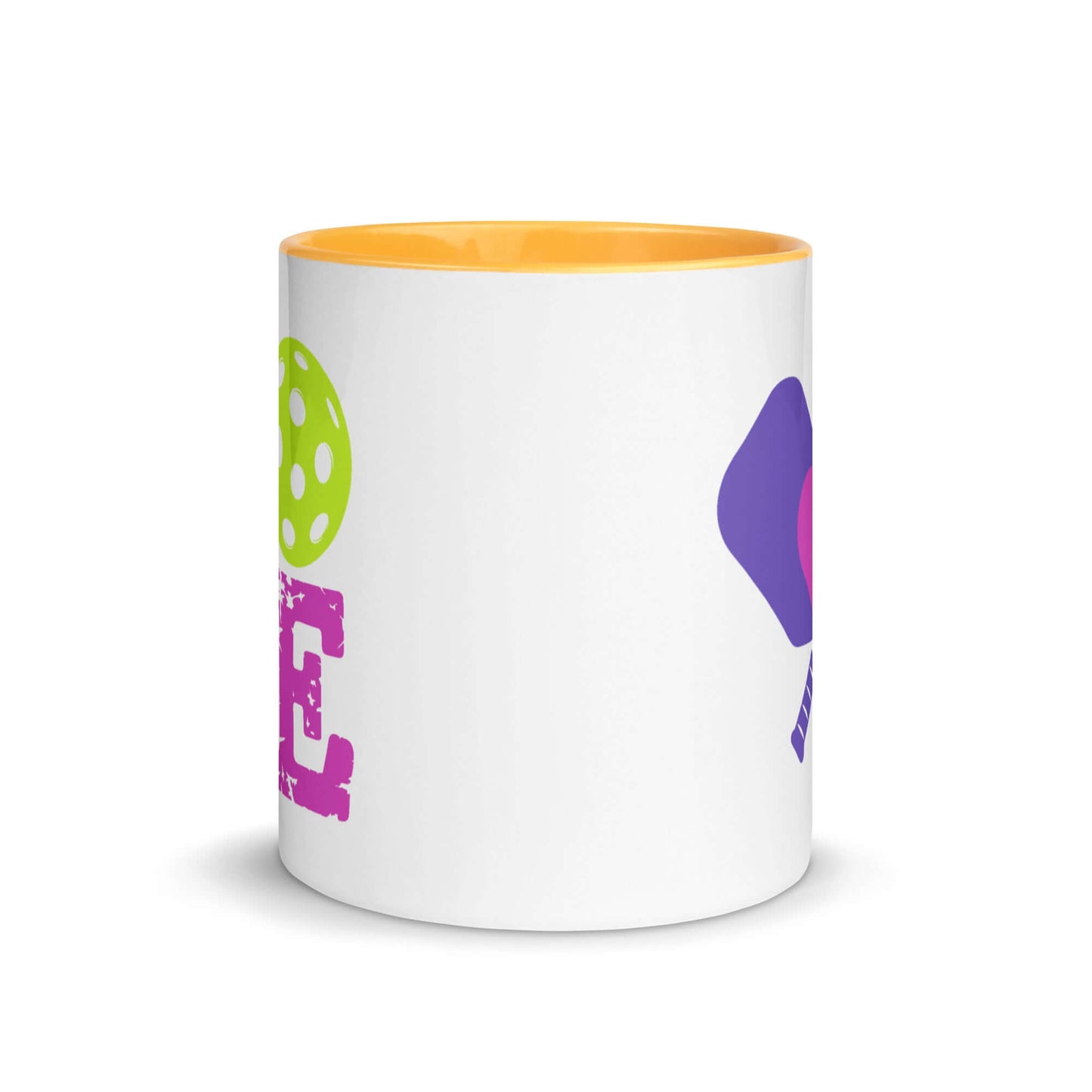 LOVE Pickleball Accent Mug in white with vibrant designs, perfect for pickleball enthusiasts and colorful drinkware.